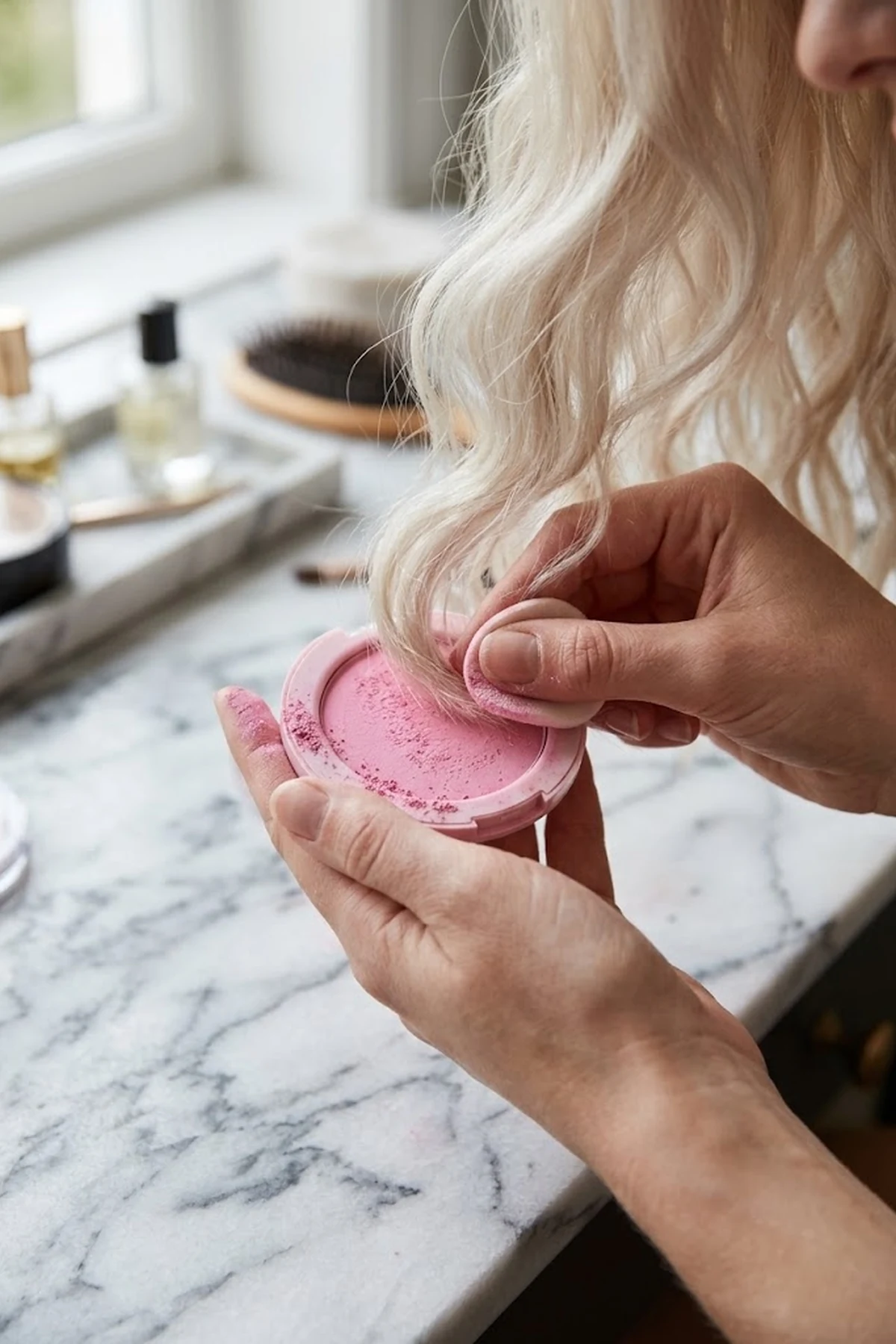 Close-up of wavy platinum blonde hair ends being pressed inside a pastel pink pigmented hair chalk compact on a marble vanity (AI Generated Image)