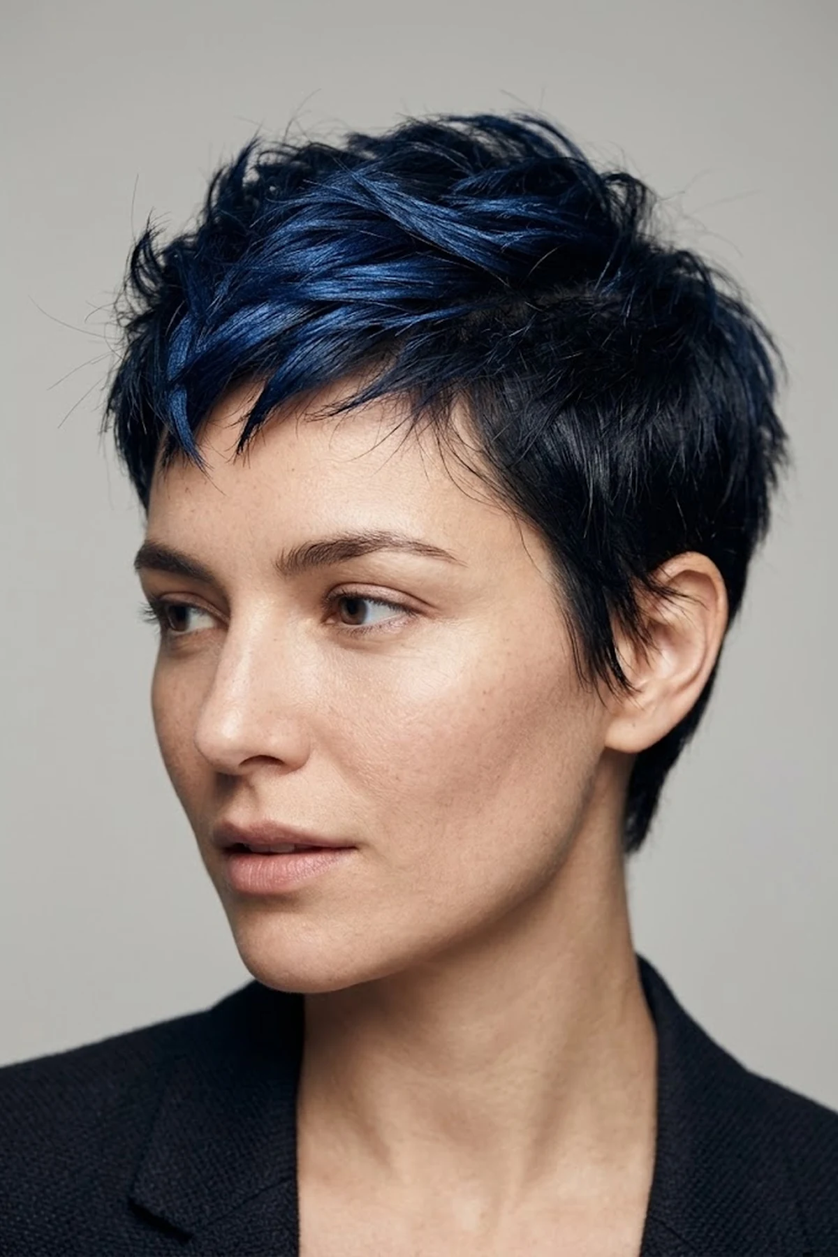 Editorial studio portrait of a short textured dark crop sculpted with electric sapphire blue hair makeup pomade on the crown tips (AI Generated Image)