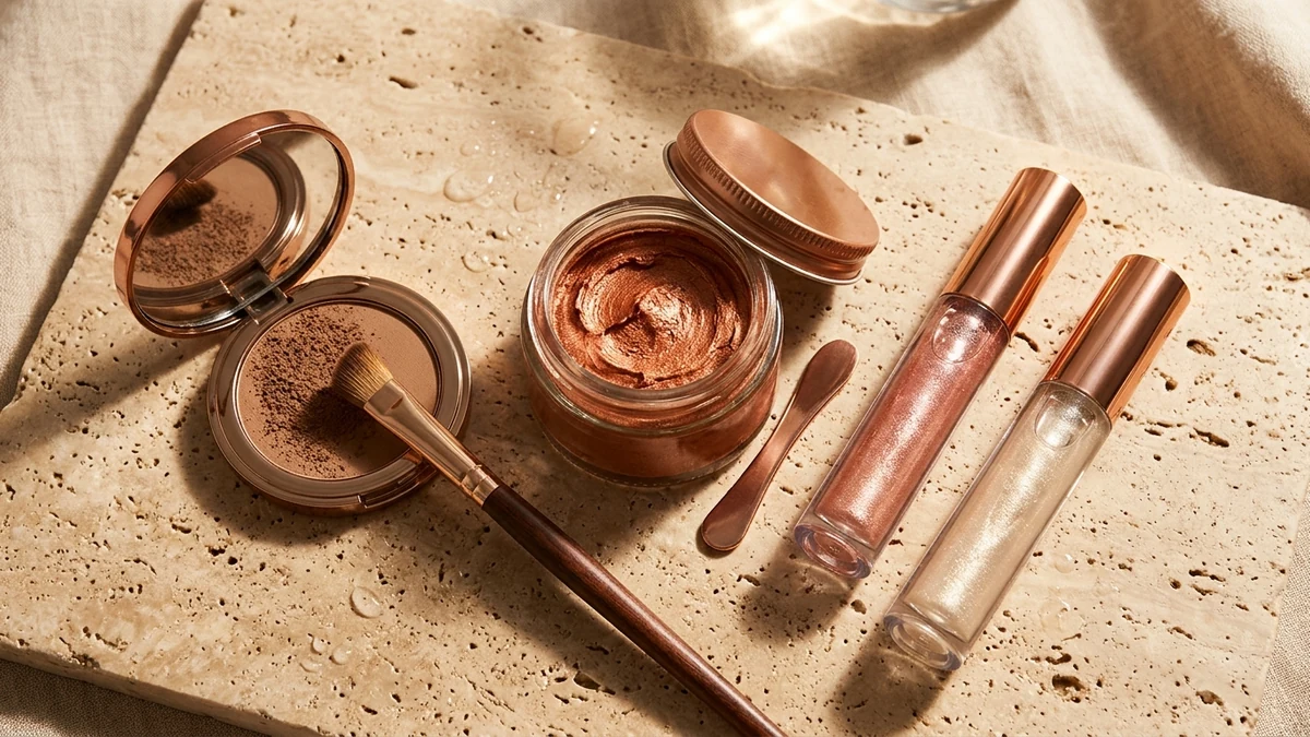 Editorial horizontal beauty showcase of temporary hair makeup ideas featuring metallic copper curl color wax, mineral root touch-up powder on a sleek bun hairline, and holographic shimmer gel streaks in warm studio sunlight