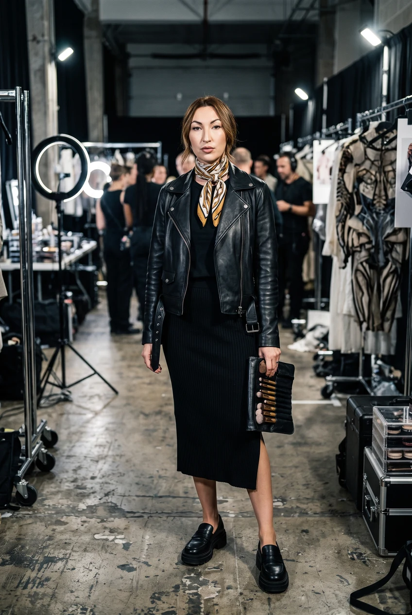 5. Leather Moto Jacket & Chunky Loafers Backstage Vibe - makeup artist aesthetic (AI Generated Image)