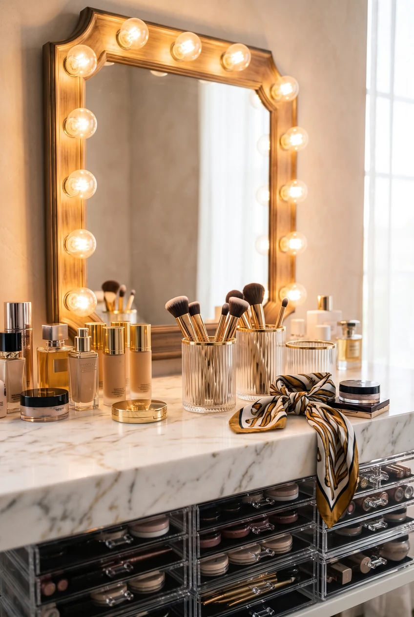 6. Clean Luxury Vanity Setup with Backlit Hollywood Mirror - makeup artist aesthetic (AI Generated Image)