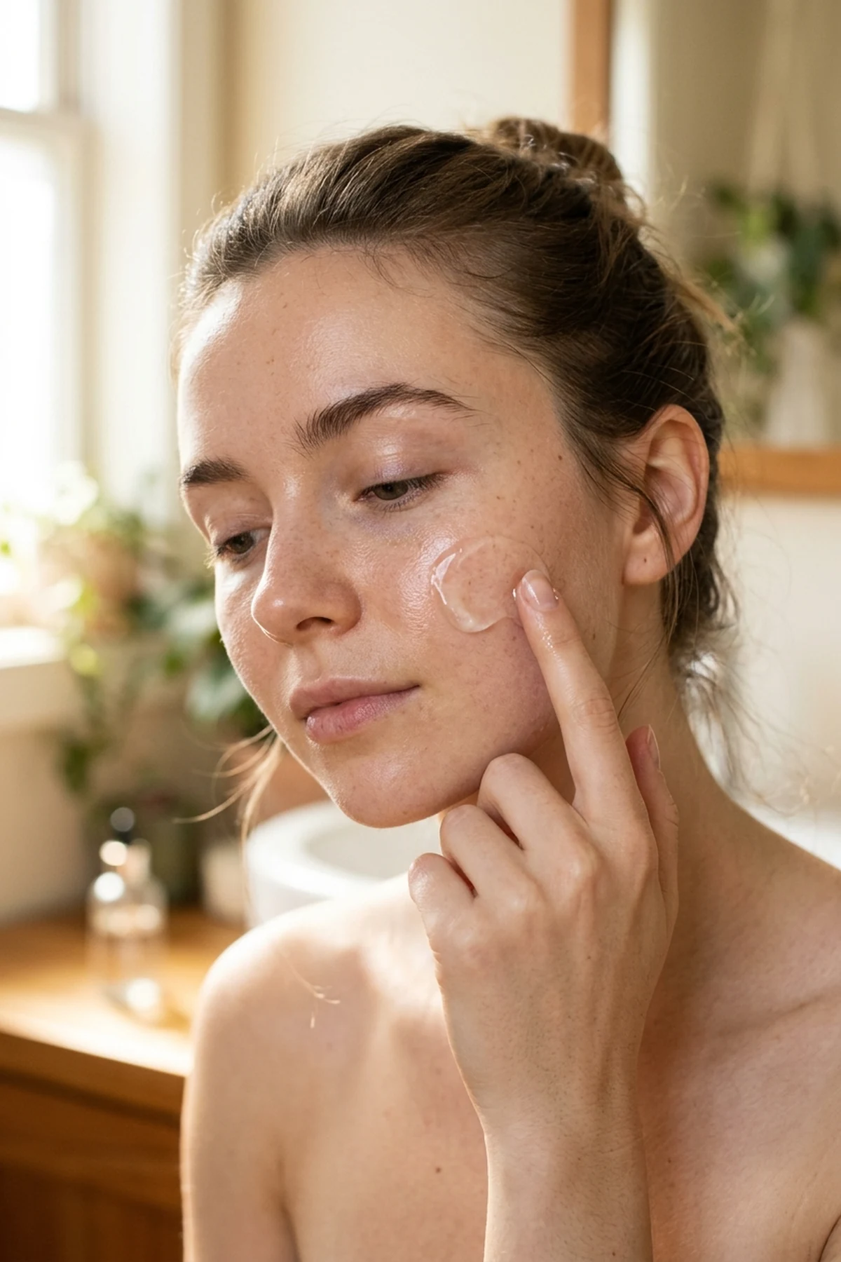 Close-up editorial beauty portrait of a woman pressing translucent hydro-grip gel primer onto hydrated glowing skin after SPF in warm natural vanity lighting (AI Generated Image)