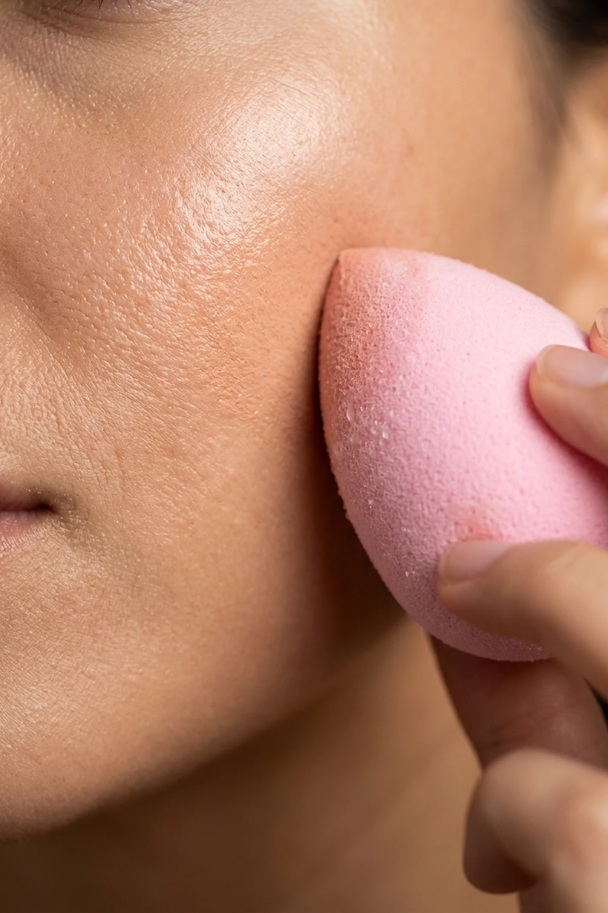 Macro beauty shot of a damp teardrop makeup sponge blending serum-infused skin tint over peach color corrector on warm neutral skin in soft studio light (AI Generated Image)