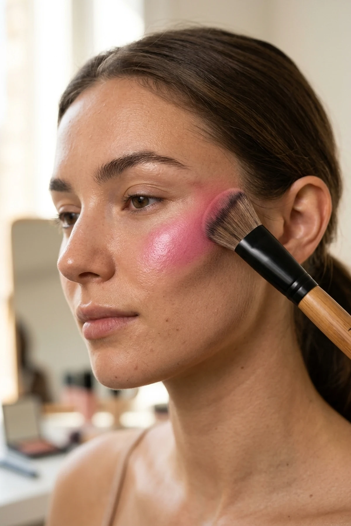 Editorial close-up of face makeup placement showing cool-toned cream contour under the cheekbone and rose liquid blush blended upward with a dense angled buffing brush (AI Generated Image)