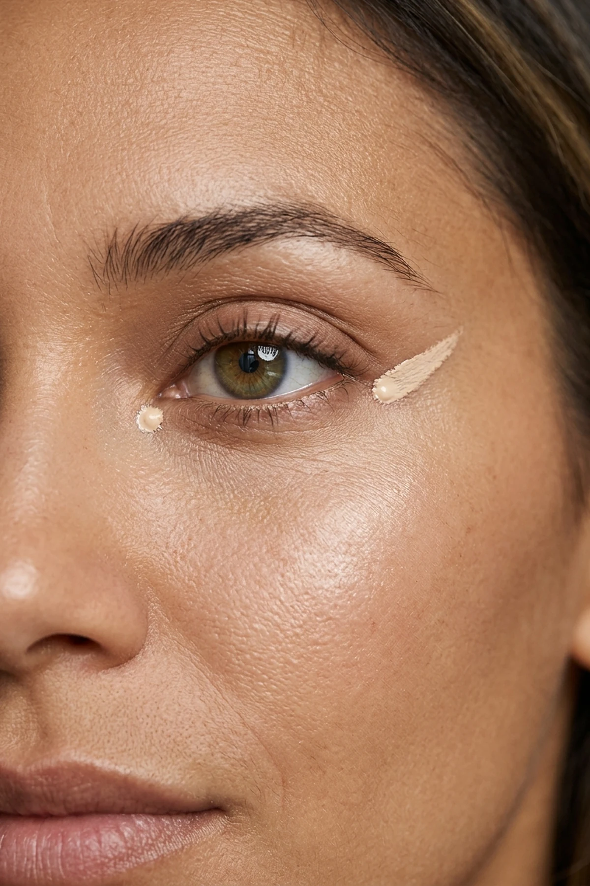 Detailed beauty close-up showing two micro dots of brightening liquid concealer at the inner tear trough and outer eye corner on a lit-from-within satin complexion (AI Generated Image)