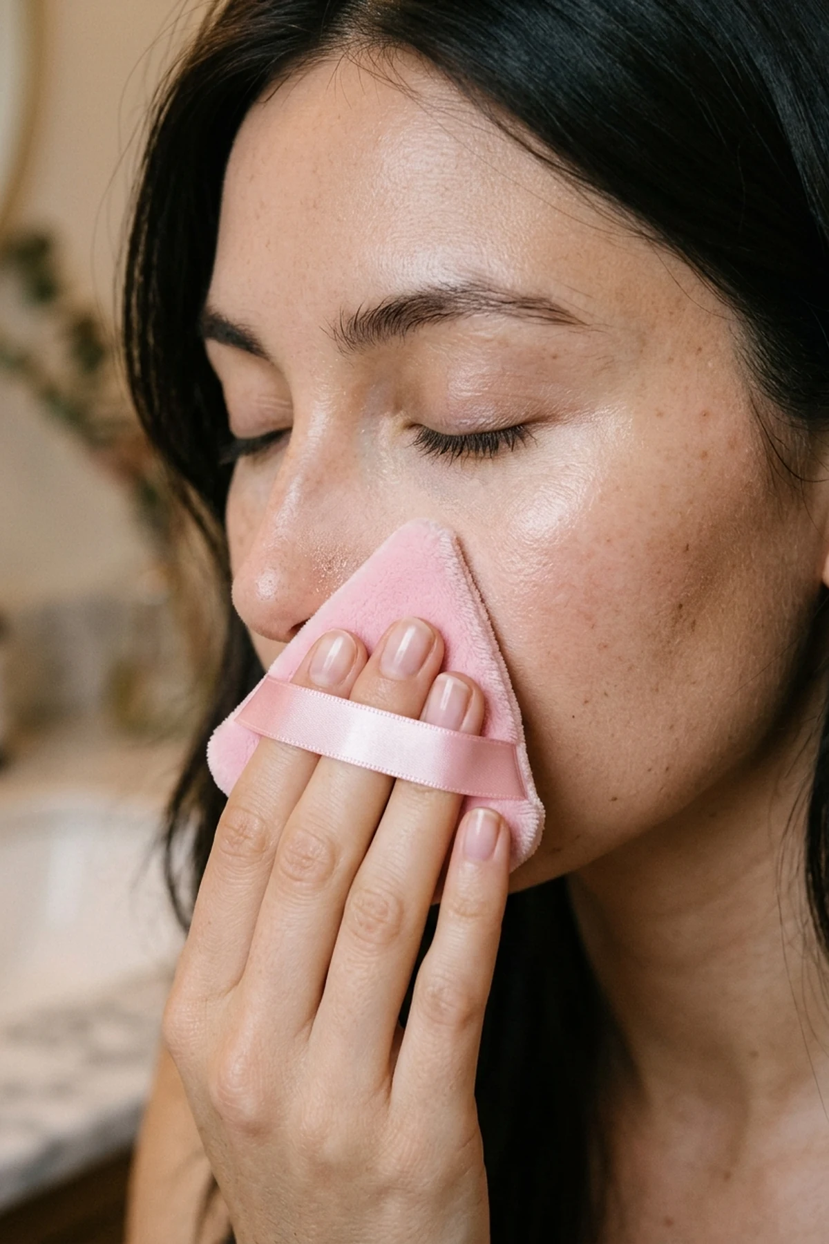 Close-up beauty tutorial image of a pink velour triangle powder puff pressing finely milled translucent setting powder under the eye for a soft-focus blurred T-zone finish (AI Generated Image)