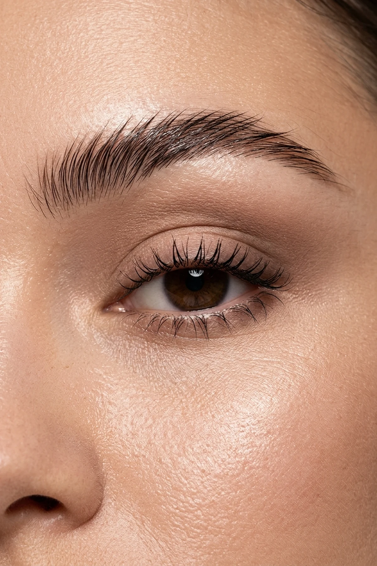 Editorial macro portrait of feathered brushed-up eyebrows, soft neutral taupe crease eyeshadow, and lifted curled eyelashes over a luminous satin skin finish (AI Generated Image)