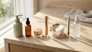 Editorial horizontal flat-lay showcase of a 7-step face makeup routine order on a warm travertine vanity featuring hydro-grip primer, serum skin tint, cream blush, concealer, translucent setting powder, brow gel, and setting spray in soft morning sunlight