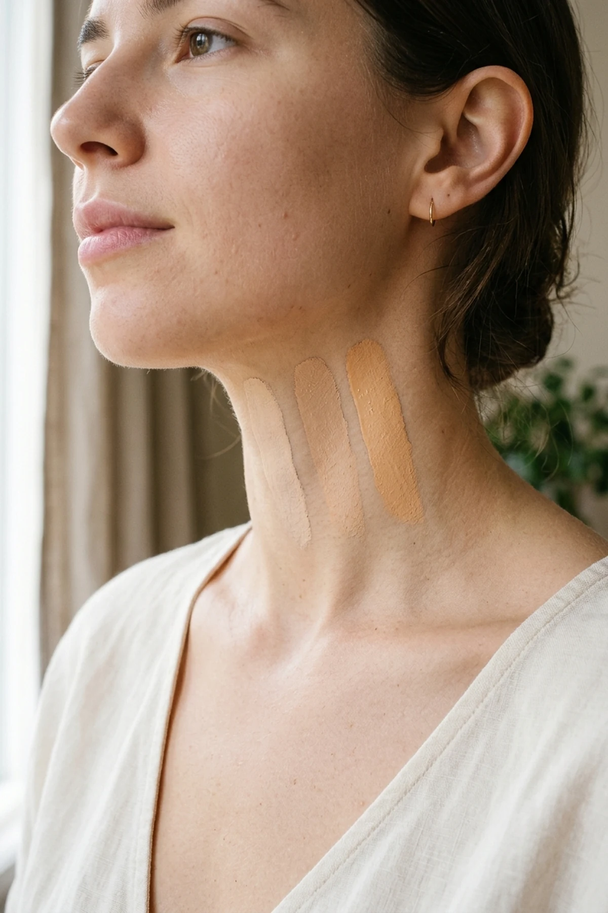 15 Pro Makeup Tips & Easy Makeup Tutorials Every Beginner Should Know (2026) 18 Close-up beauty portrait showing three vertical foundation swatches blended from the lower jawline down toward the collarbone in natural window daylight (AI Generated Image)