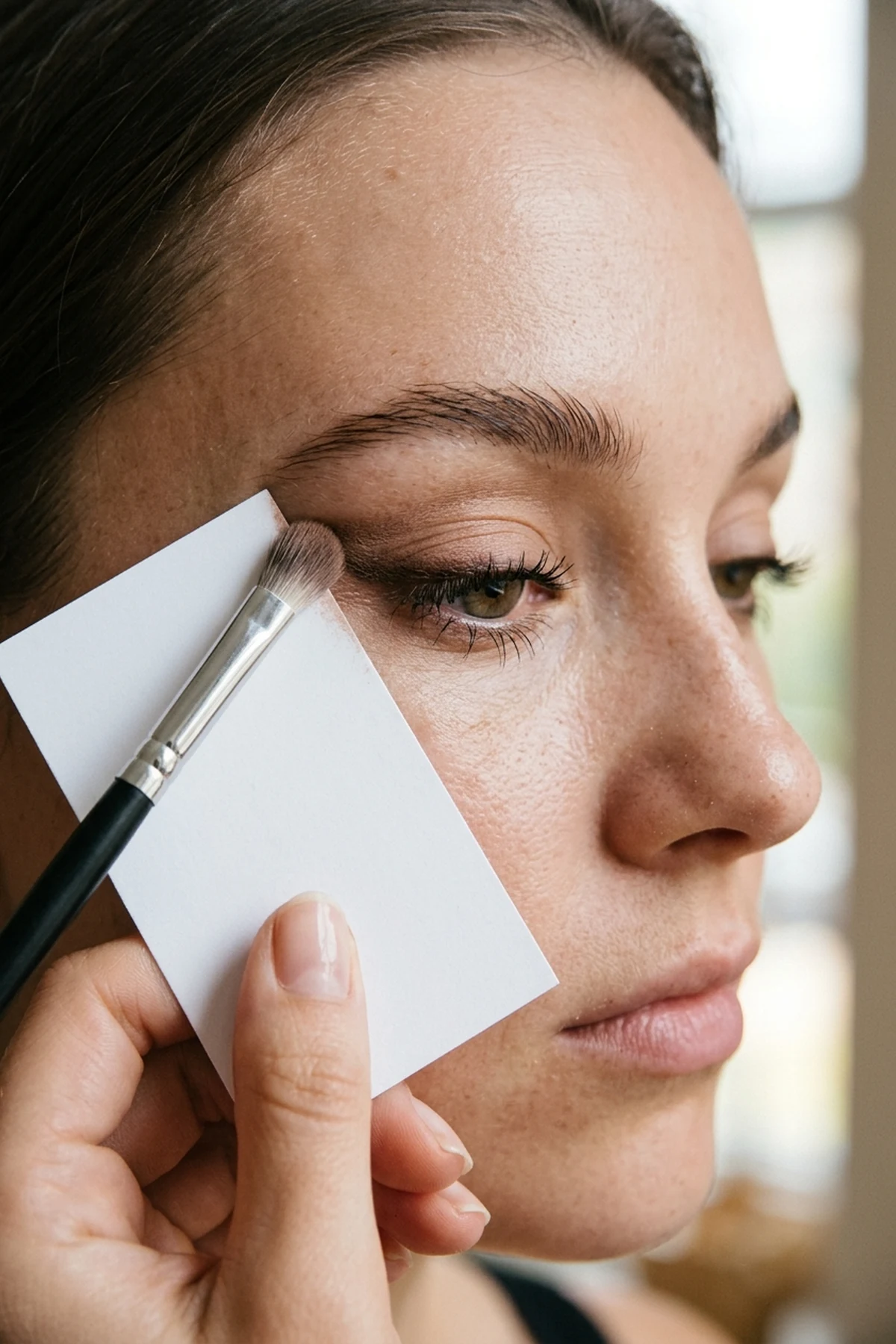 15 Pro Makeup Tips & Easy Makeup Tutorials Every Beginner Should Know (2026) 27 Close-up eye makeup tutorial demonstrating a card edge held from the outer lower lash line toward the temple tip to guide brown shadow (AI Generated Image)