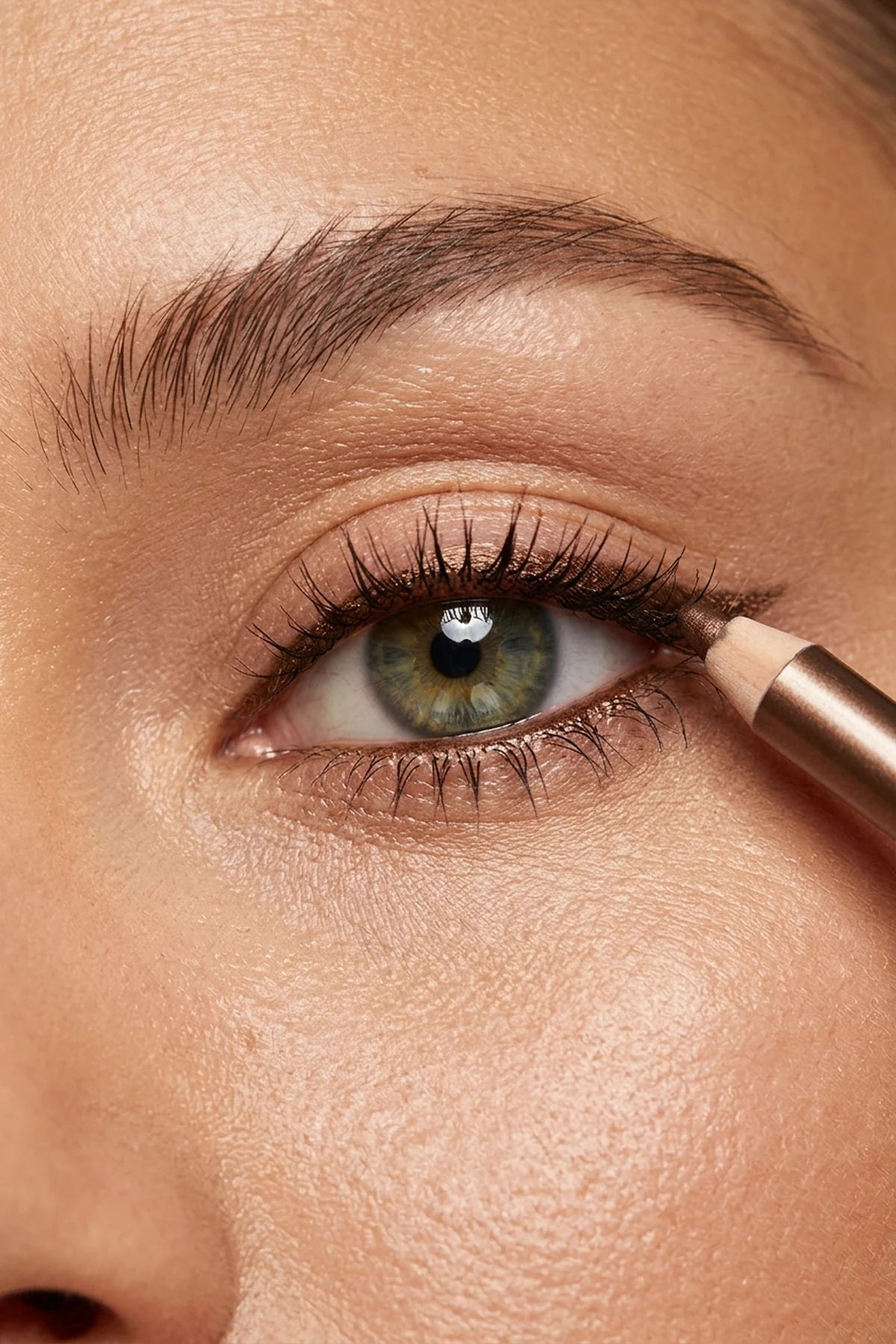 15 Pro Makeup Tips & Easy Makeup Tutorials Every Beginner Should Know (2026) 28 Macro shot of a bronze-brown waterproof gel tightlining pencil gently filling the upper lash root waterline for fuller-looking eyelashes (AI Generated Image)