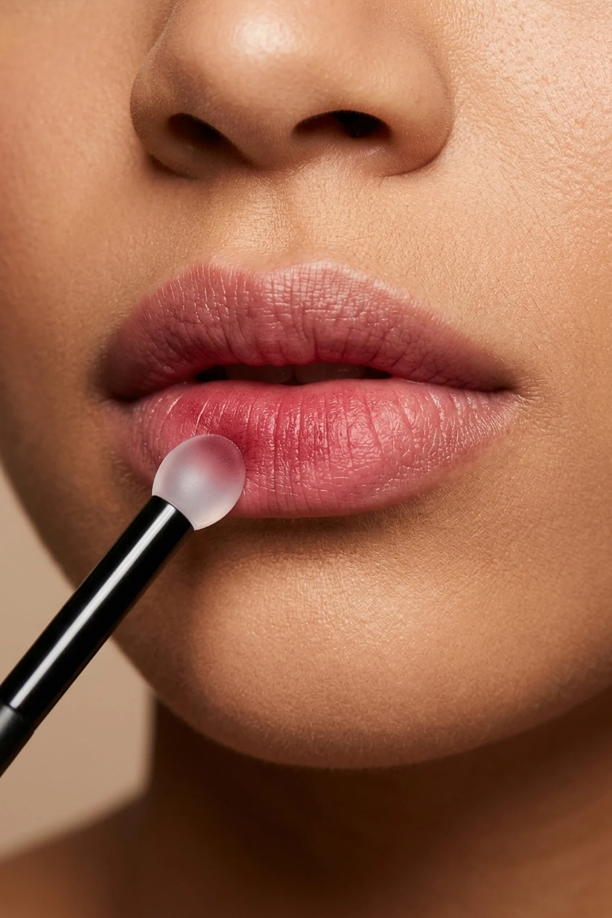 15 Pro Makeup Tips & Easy Makeup Tutorials Every Beginner Should Know (2026) 30 Macro lip makeup tutorial showing a soft rosewood velvet matte liquid lip stain blurred outward from the inner lip with a silicone lip brush (AI Generated Image)