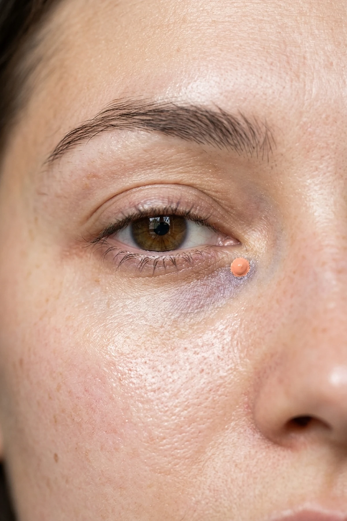 15 Pro Makeup Tips & Easy Makeup Tutorials Every Beginner Should Know (2026) 31 Close-up under-eye tutorial showing a tiny dot of salmon-peach corrector neutralizing bluish tear-trough shadows before light concealer (AI Generated Image)