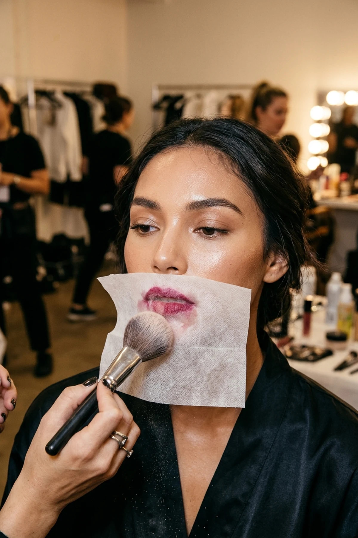 15 Pro Makeup Tips & Easy Makeup Tutorials Every Beginner Should Know (2026) 32 Backstage beauty tutorial showing a fluffy brush dusting translucent powder through a single-ply facial tissue pressed gently over berry-stained lips (AI Generated Image)