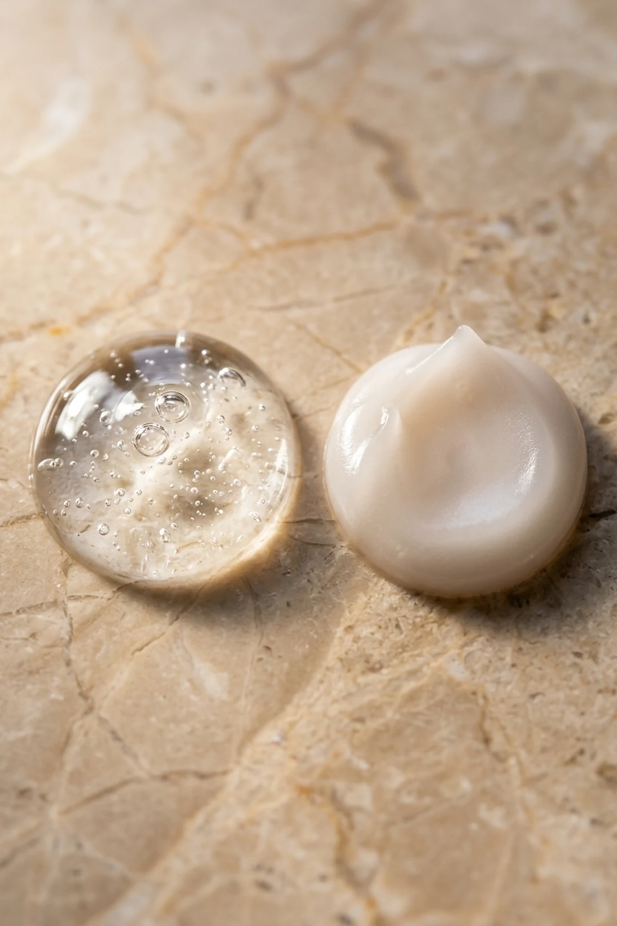 15 Pro Makeup Tips & Easy Makeup Tutorials Every Beginner Should Know (2026) 19 Macro cosmetic texture comparison showing smooth water-based hydro primer gel next to velvety dimethicone primer on warm beige marble (AI Generated Image)