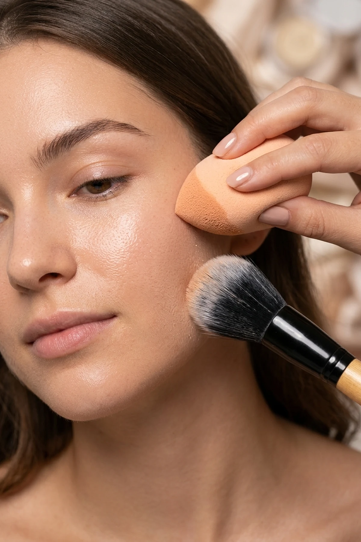 15 Pro Makeup Tips & Easy Makeup Tutorials Every Beginner Should Know (2026) 20 Editorial beauty photo comparing a plush damp open-cell blending sponge and a dense angled kabuki buffing brush pressing liquid foundation onto skin (AI Generated Image)