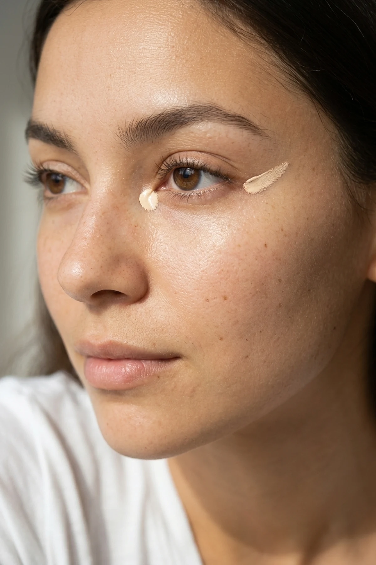 15 Pro Makeup Tips & Easy Makeup Tutorials Every Beginner Should Know (2026) 21 Close-up face diagram showing two precision dots of creamy concealer at the inner tear trough and outer eye corner angled toward the temple (AI Generated Image)