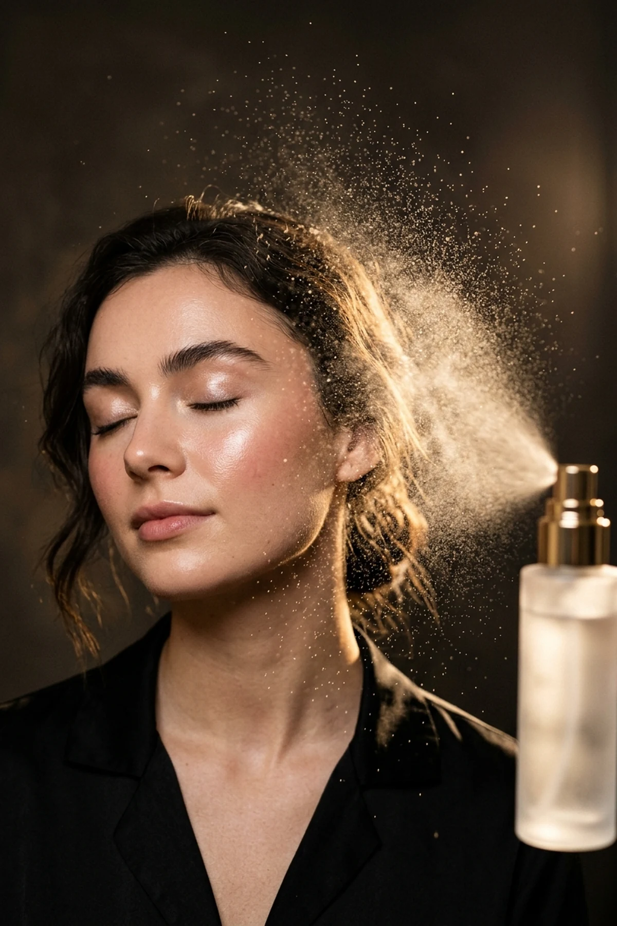 15 Pro Makeup Tips & Easy Makeup Tutorials Every Beginner Should Know (2026) 22 High-speed editorial beauty shot of micro-fine mist from a bi-phase polymer setting spray illuminating glowing dewy cheekbone makeup (AI Generated Image)