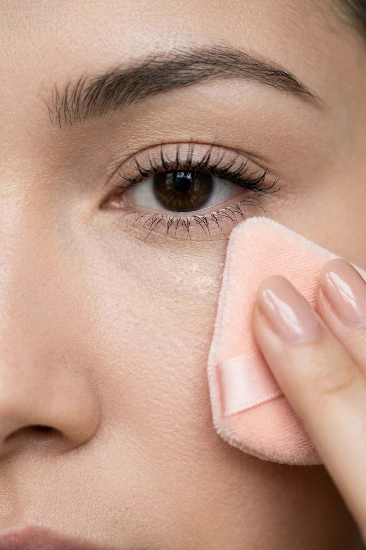 15 Pro Makeup Tips & Easy Makeup Tutorials Every Beginner Should Know (2026) 23 Close-up of a pointed pink velour triangle powder puff gently pressing micro-fine translucent setting powder beneath the lower lash line (AI Generated Image)