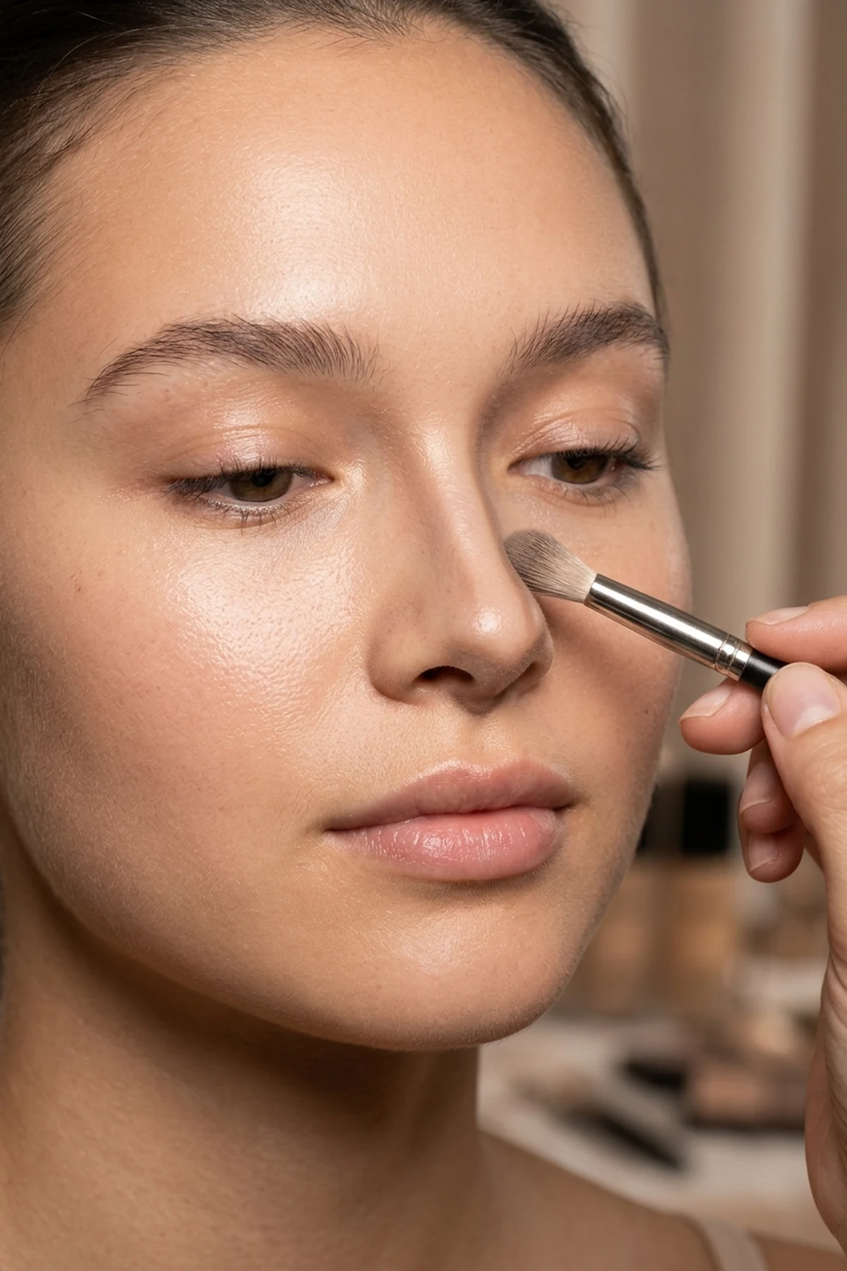 15 Pro Makeup Tips & Easy Makeup Tutorials Every Beginner Should Know (2026) 25 Detailed nose contouring placement guide showing cool taupe shadow lines along the upper orbital socket and button tip blended with a small brush (AI Generated Image)