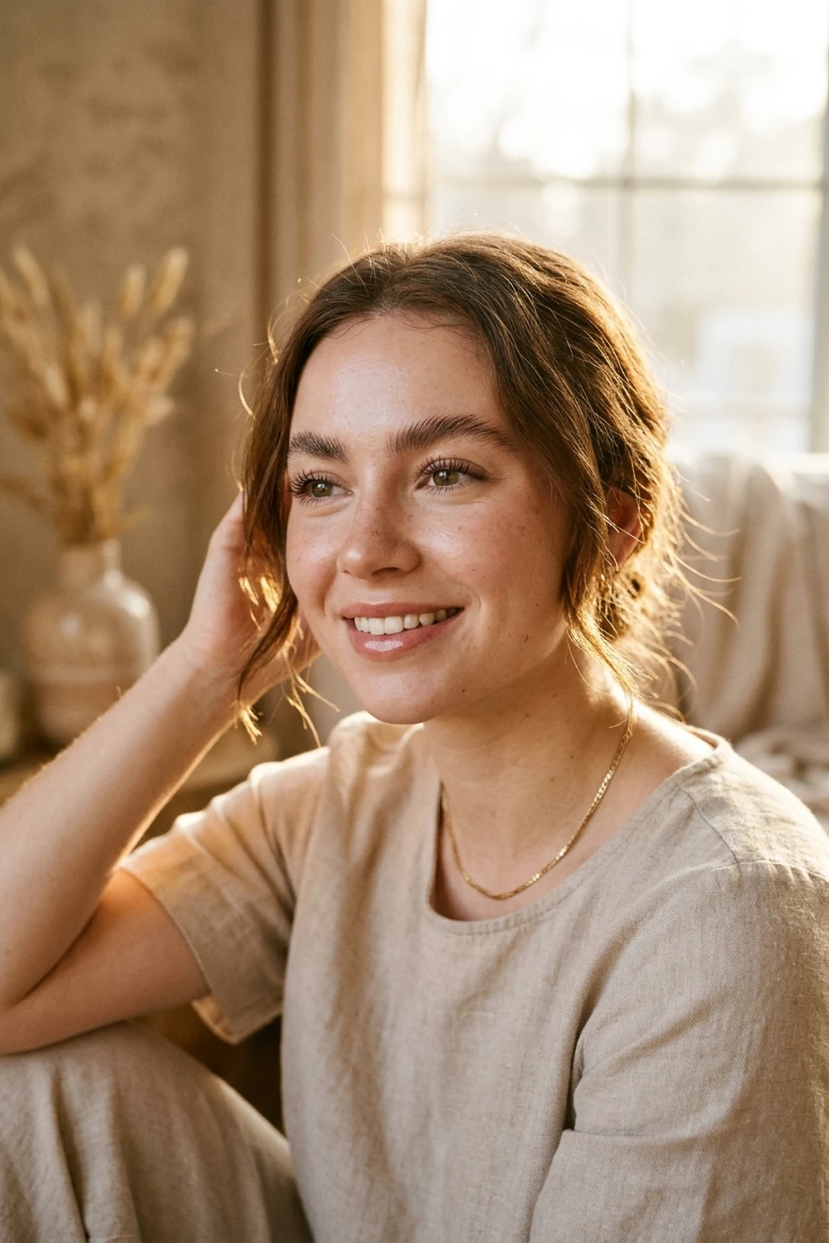15 Pro Makeup Tips & Easy Makeup Tutorials Every Beginner Should Know (2026) 26 Sunlit portrait of a woman with dewy freckled skin, brushed-up feathered brows, rose cream blush, and glossy lips without heavy foundation (AI Generated Image)