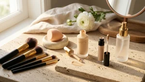 Editorial beauty flatlay and split-screen application showcase demonstrating pro makeup tips, damp sponge blending, concealer dot placement, and winged liner mapping in warm daylight