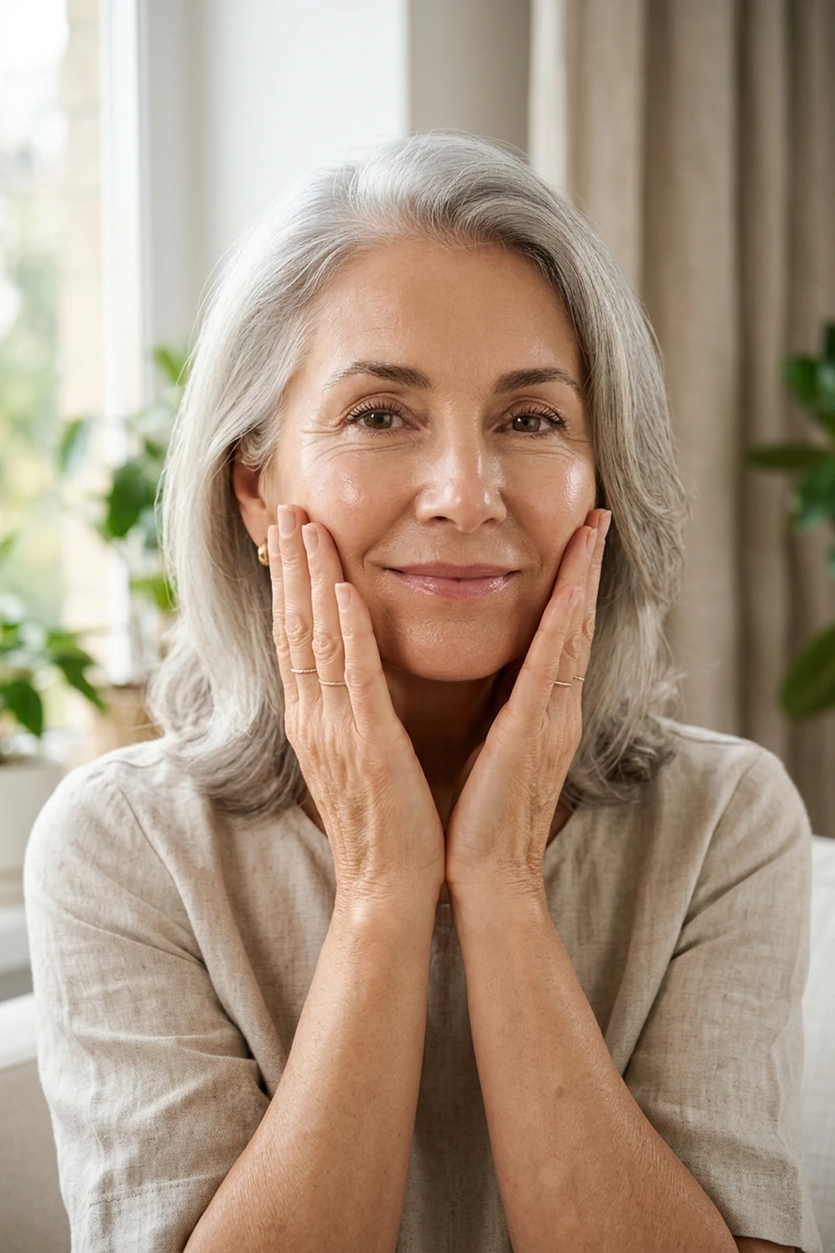 Close-up editorial beauty portrait of a silver-haired woman over 55 pressing hydrating serum into glowing champagne-toned skin in soft morning window light (AI Generated Image)