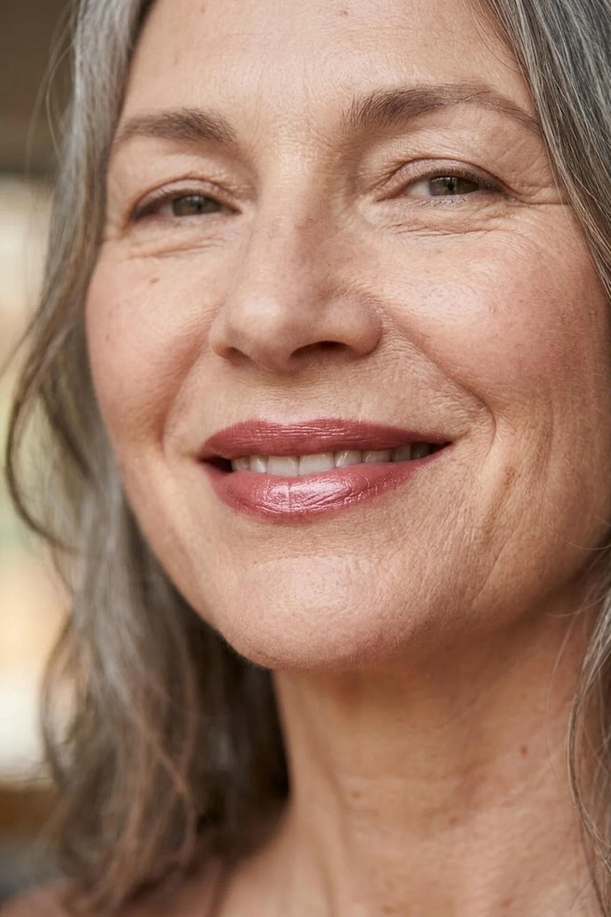 Editorial close-up of a smiling older woman over 55 wearing a luminous satin rosewood lipstick with a soft dimensional highlight at the center of her lips (AI Generated Image)