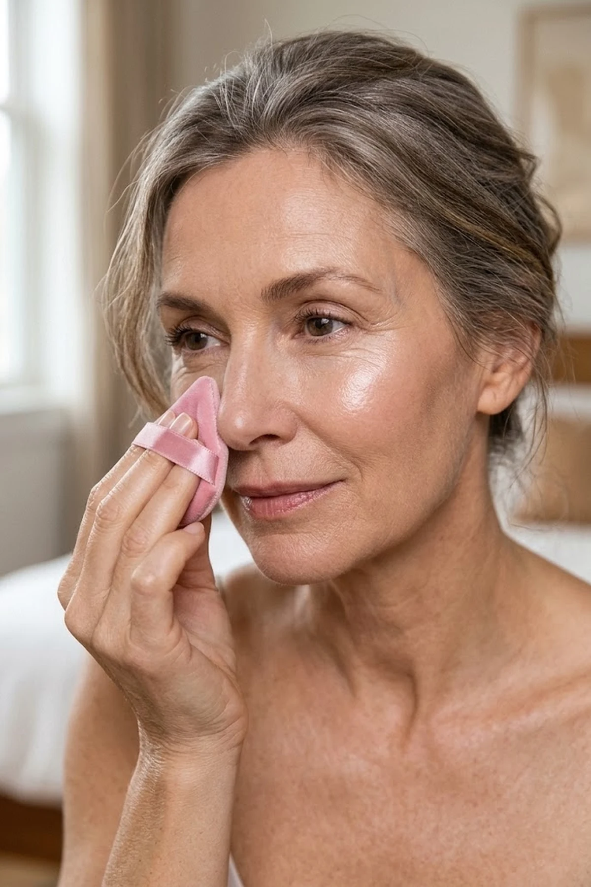 Beauty portrait of a 55-year-old woman gently pressing a triangular pink velvet powder puff along the side of her nose while leaving her cheekbones dewy (AI Generated Image)