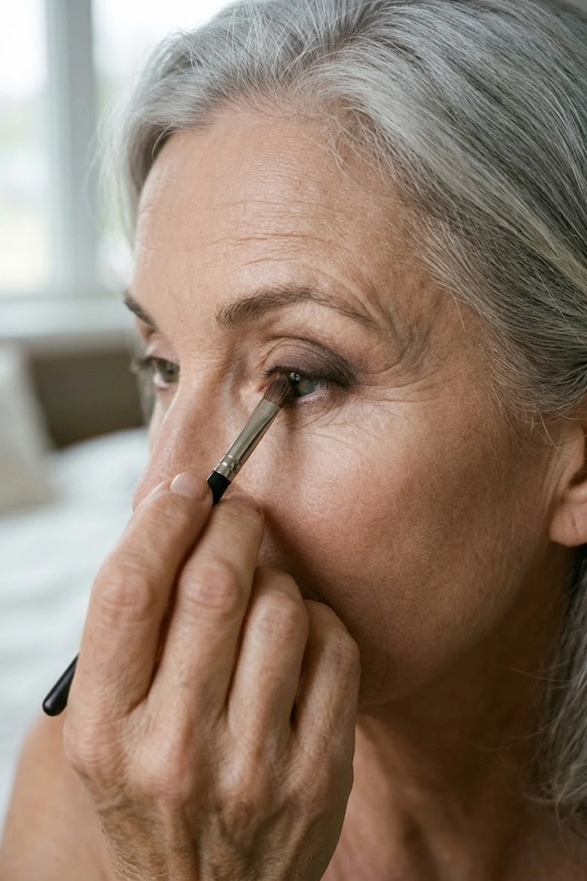 Close-up editorial eye shot of a woman over 60 using a small angled brush to smudge soft espresso eyeshadow upward at the outer corner of her eye (AI Generated Image)