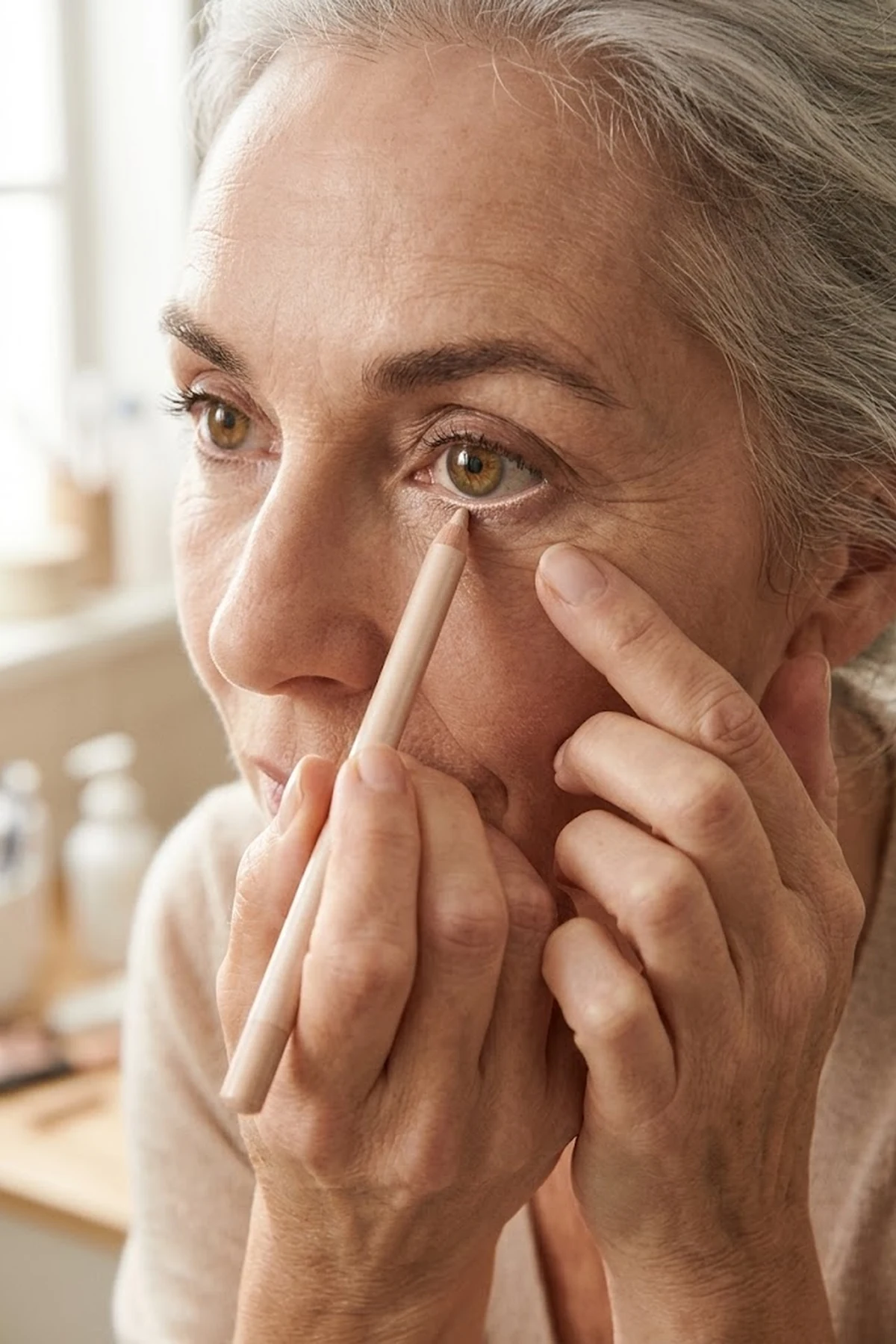 Macro beauty closeup of a mature woman over 60 applying a creamy champagne-nude eyeliner pencil to her lower waterline for bright, wide-awake eyes (AI Generated Image)