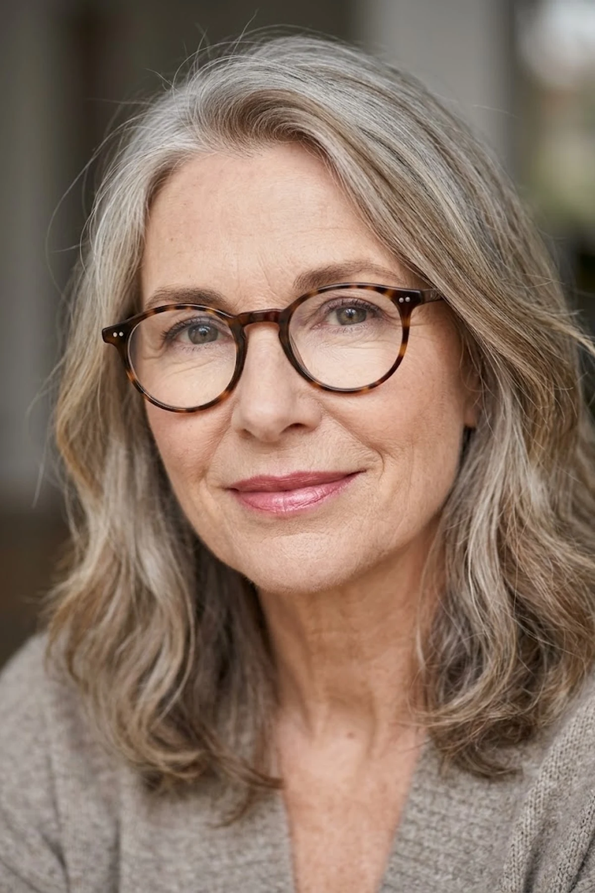Sophisticated editorial portrait of a 60-year-old woman wearing tortoise-shell glasses with bright smooth under-eyes, softly defined brows, and satin rose lips (AI Generated Image)