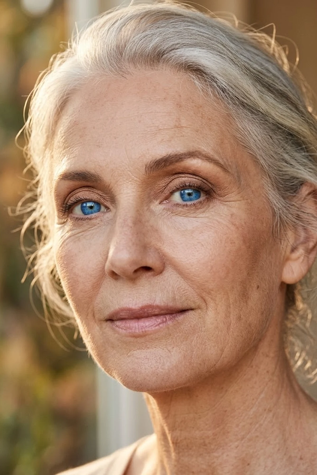 Close-up beauty portrait of an older woman with vivid blue eyes wearing warm satin bronze and soft taupe eyeshadow in natural golden hour light (AI Generated Image)