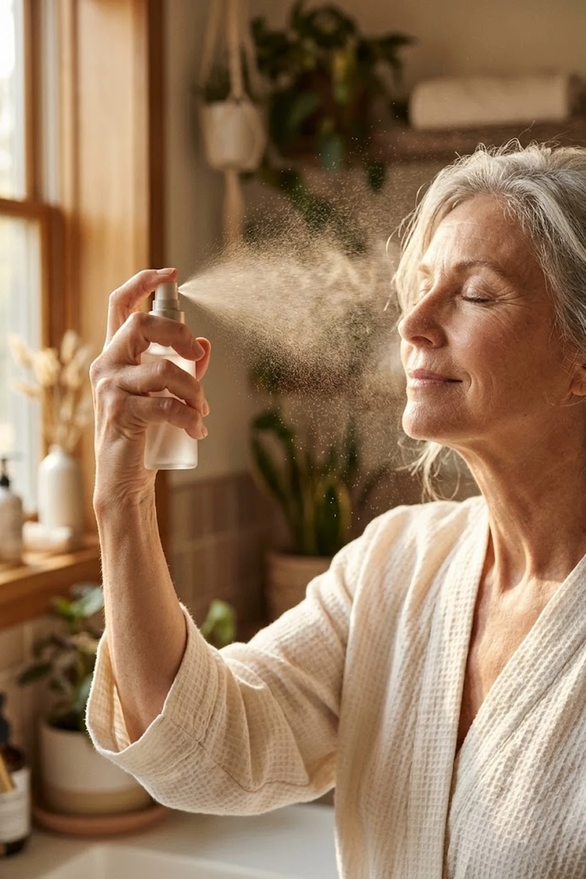 Editorial beauty shot of a radiant 64-year-old woman misting a fine hydrating setting spray over her glowing complexion in warm sunlit bathroom lighting (AI Generated Image)