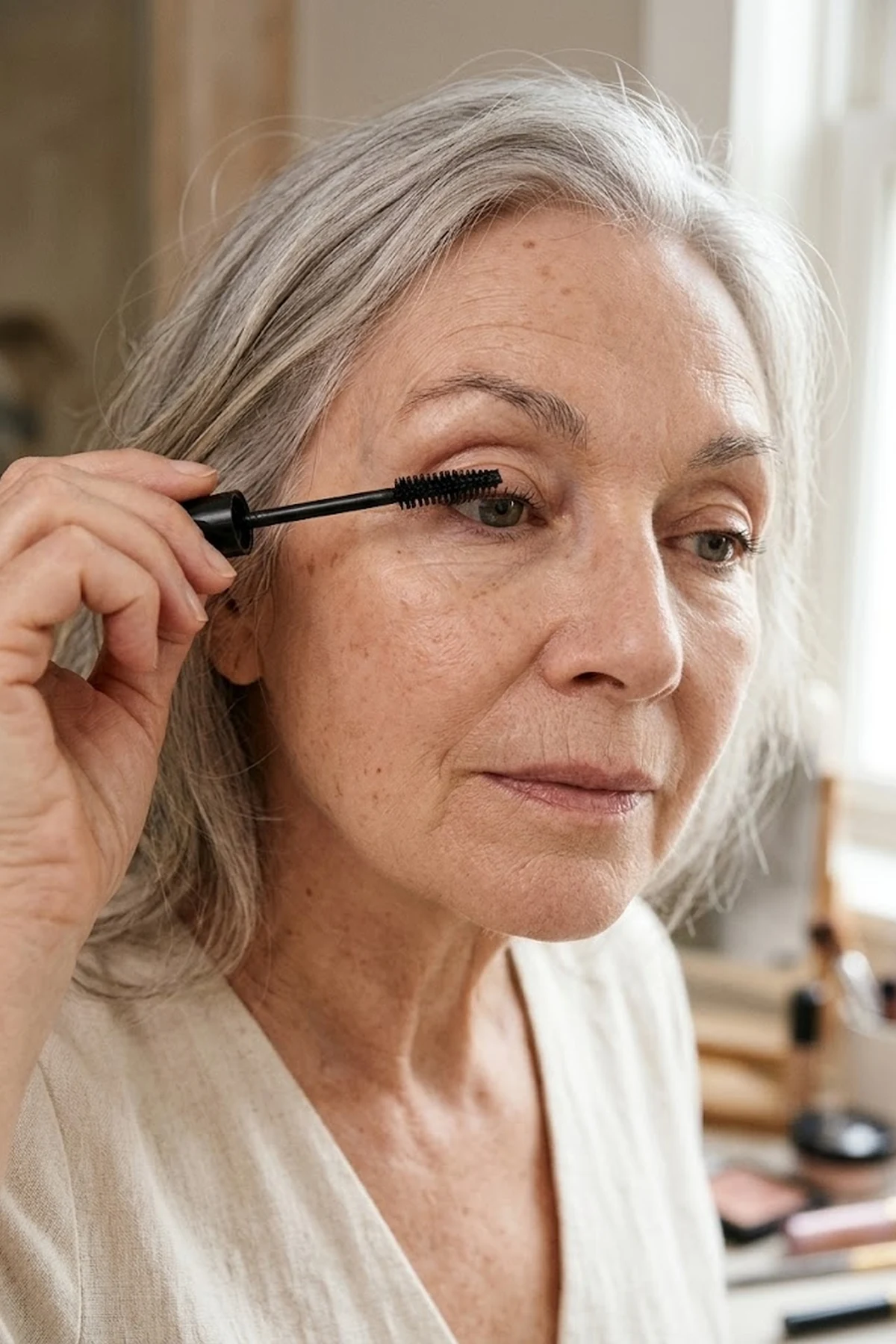 Close-up beauty photo of an older woman applying black tubing mascara to her upper lashes with zero smudging on her smooth hooded upper eyelid (AI Generated Image)