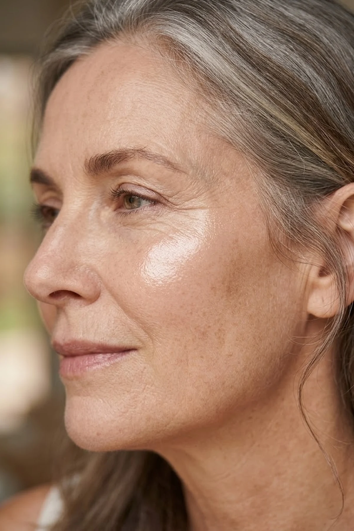 Close-up editorial profile of a mature woman over 55 with a smooth glass-like champagne balm sheen on her high cheekbone below the crow's feet area (AI Generated Image)