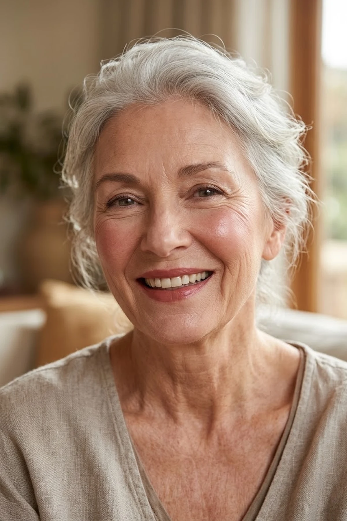 Warm editorial portrait of a radiant 72-year-old woman with silver hair wearing coordinated rosewood cream blush and satin lipstick in soft natural light (AI Generated Image)