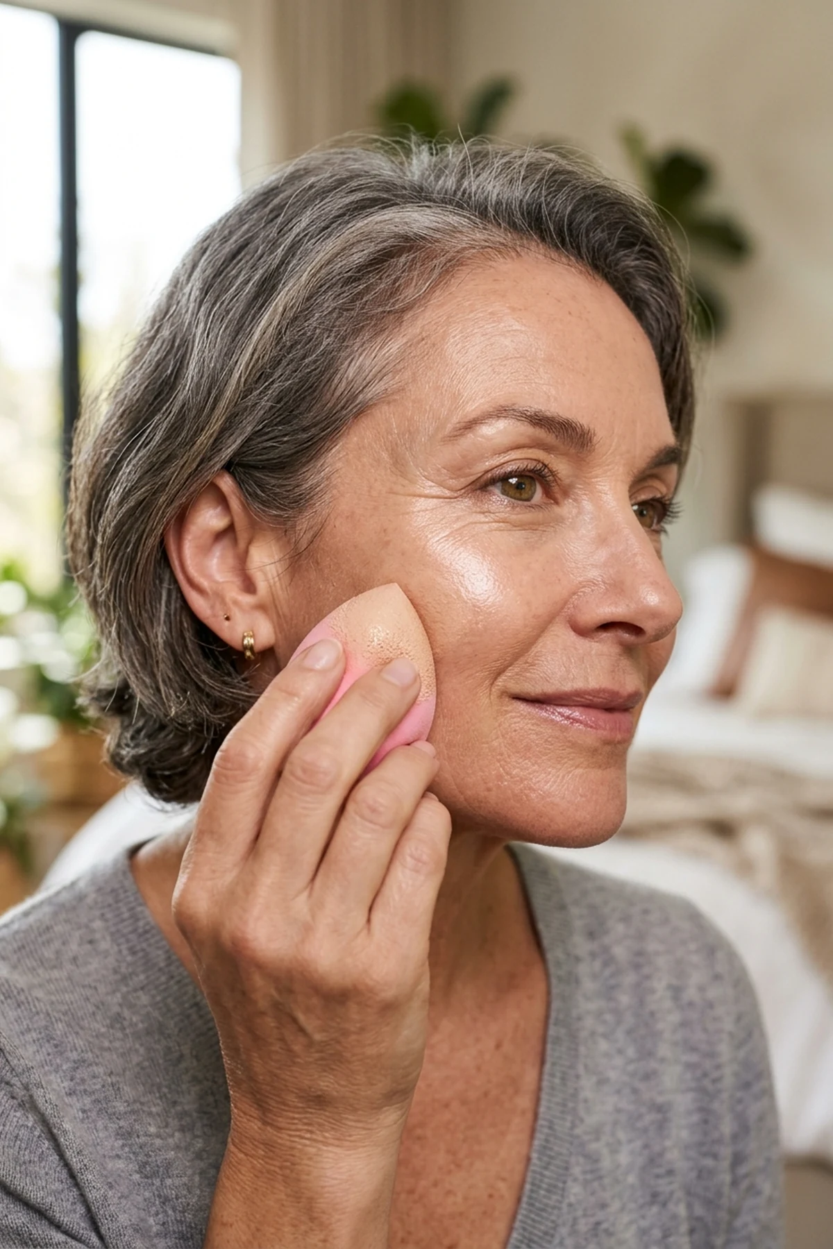 Editorial macro beauty shot of a mature woman tapping sheer serum foundation onto her cheek with a damp micro-sponge for a luminous satin skin finish (AI Generated Image)