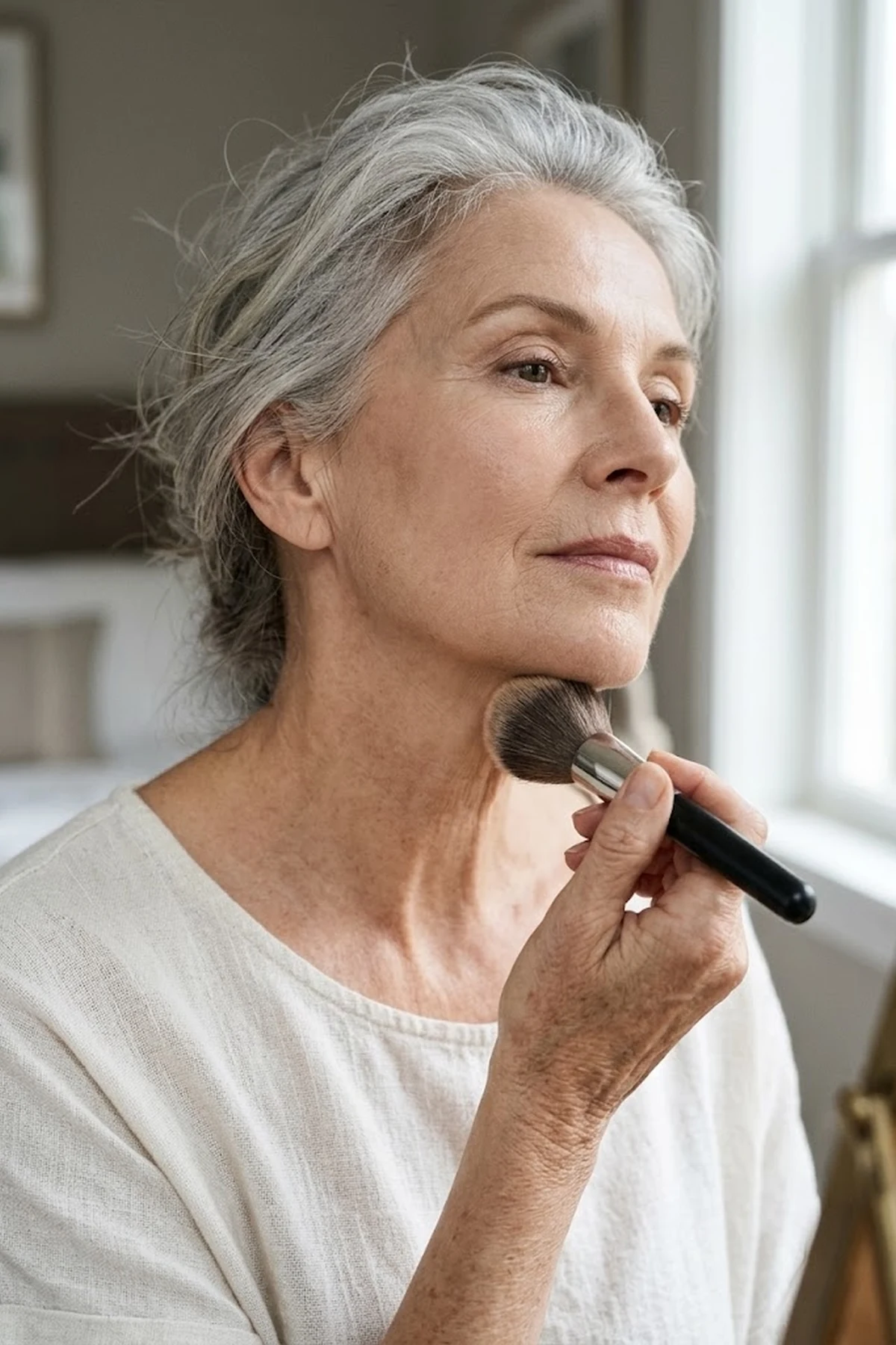 Editorial beauty portrait of an elegant woman over 55 sweeping a dense buffing brush lightly along her jawline and neck for seamless skin tone harmony (AI Generated Image)