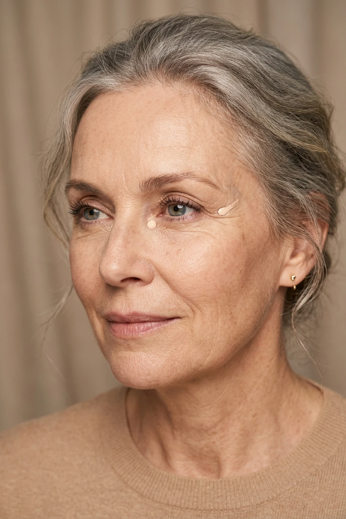 Close-up studio beauty photo of an elegant woman over 60 showing two small upward concealer dots at the inner tear trough and outer eye corner (AI Generated Image)