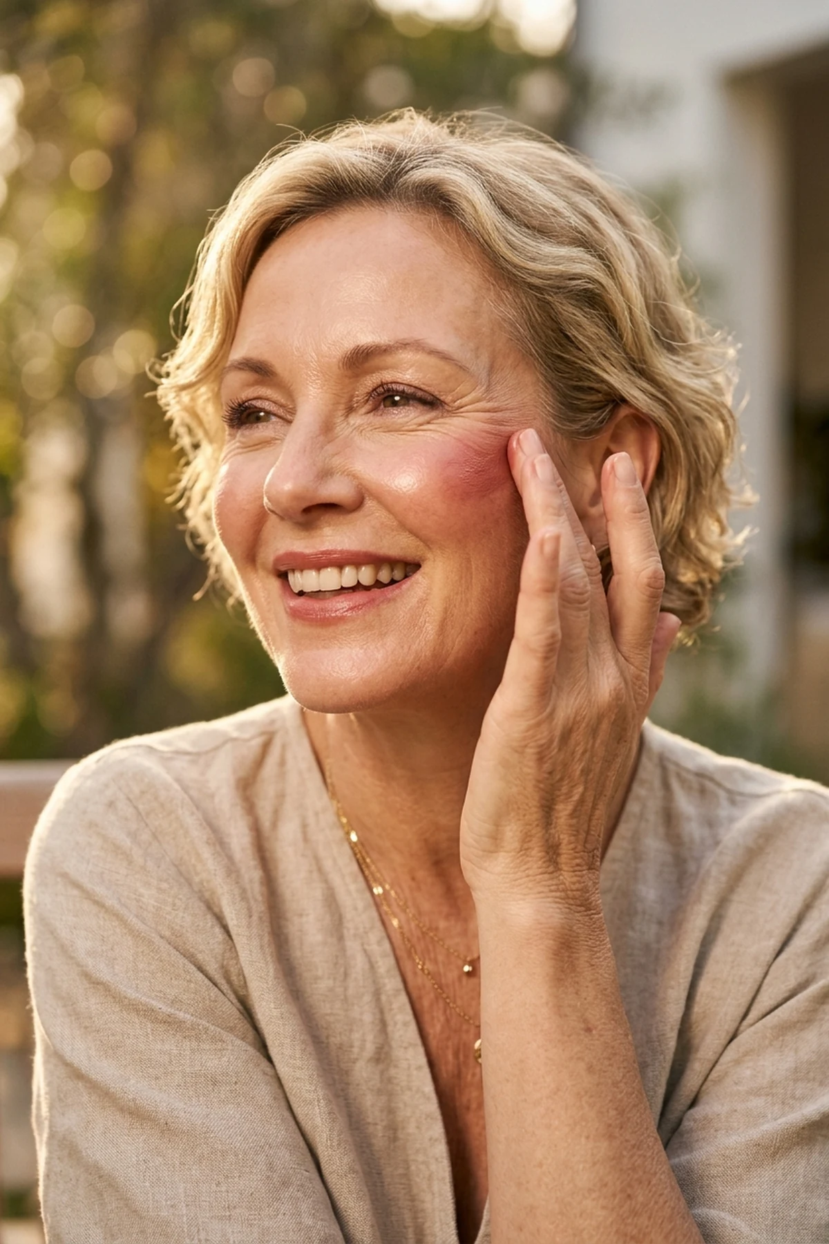 Editorial beauty closeup of a 58-year-old woman blending warm rosewood cream blush high along her cheekbone toward the temple in soft warm sunlight (AI Generated Image)