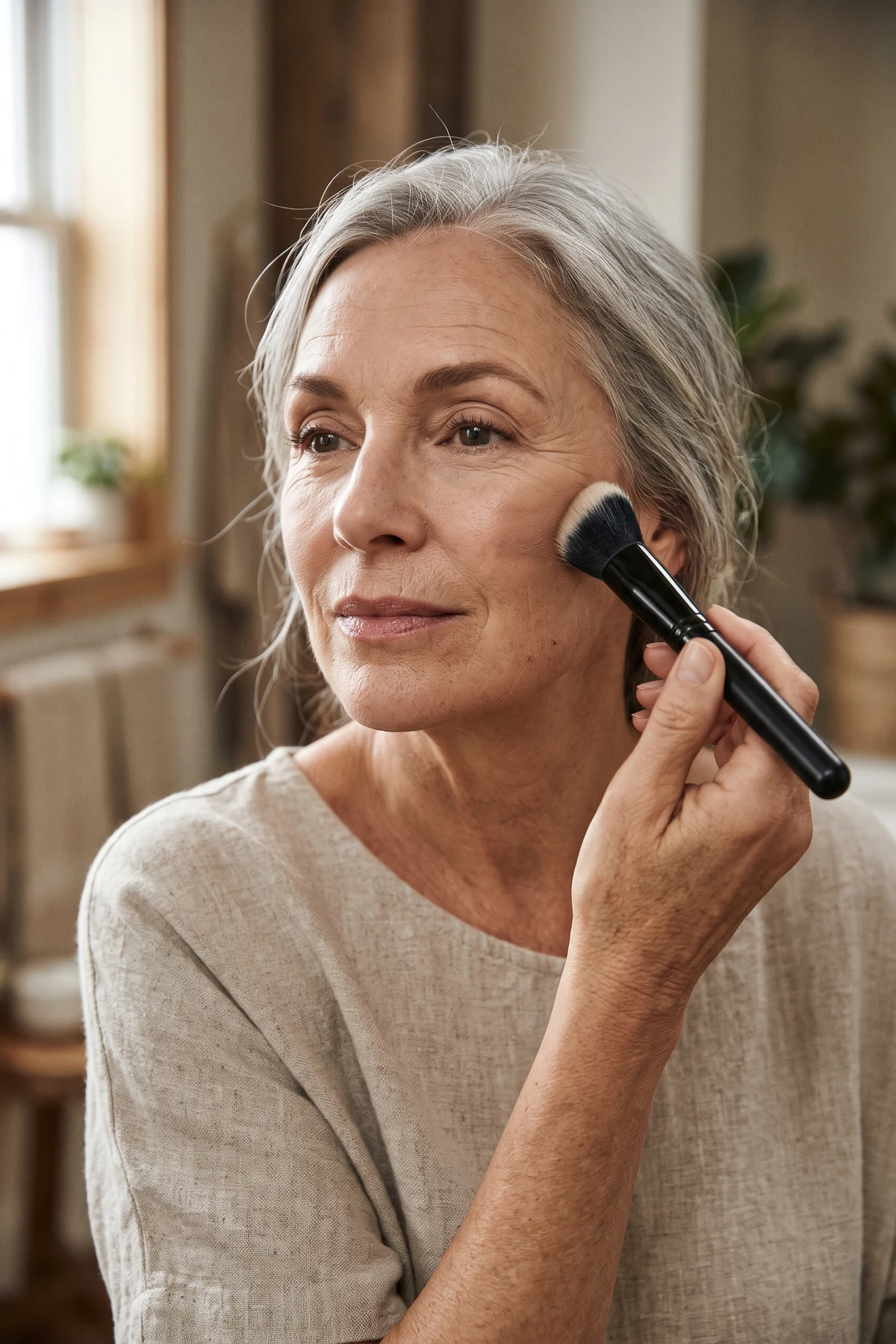 Warm-toned editorial portrait of a mature woman over 60 buffing sheer taupe cream contour high on her cheekbone with an angled synthetic brush (AI Generated Image)