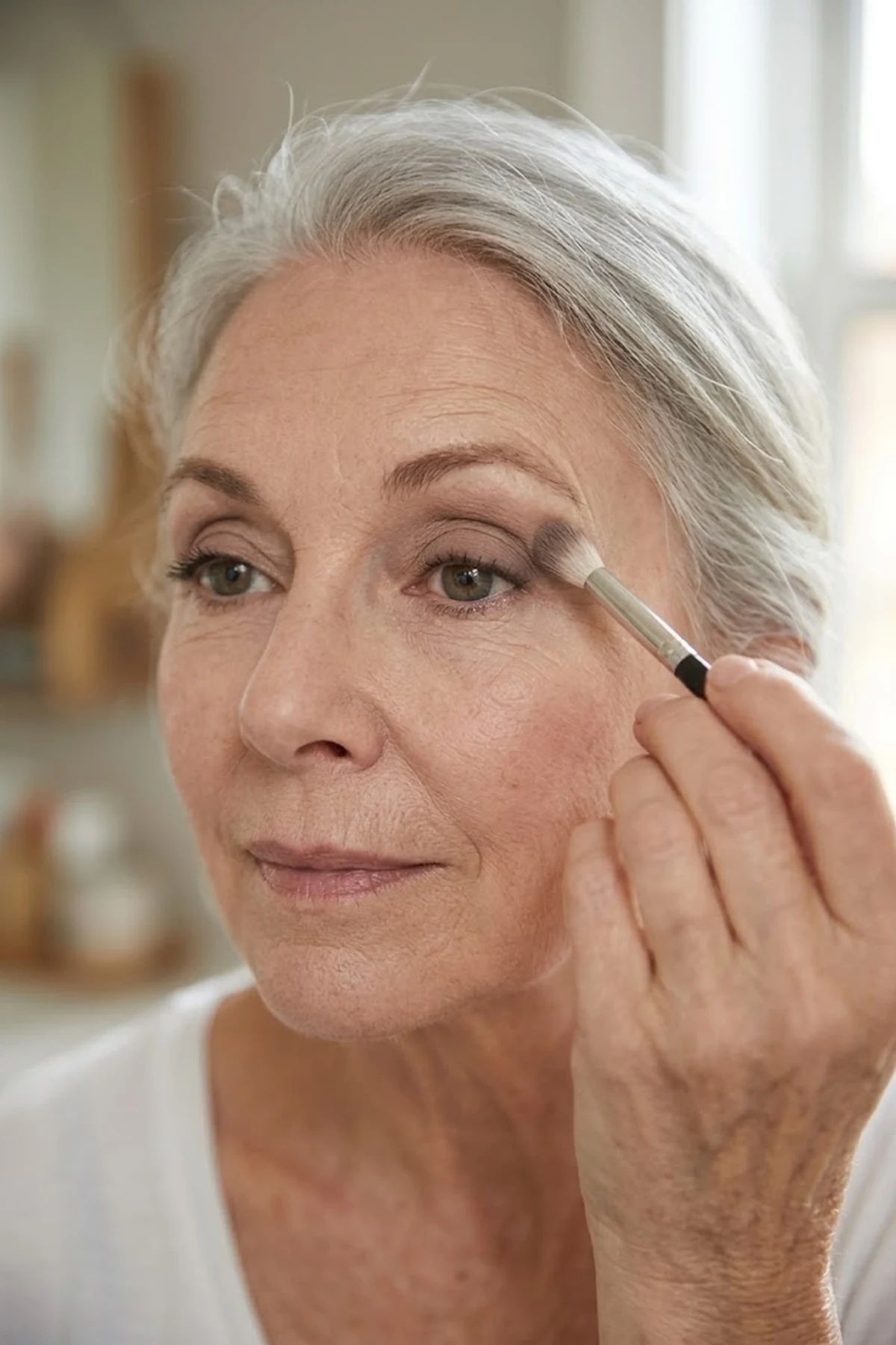Close-up eye makeup tutorial photo of an older woman with hooded eyes applying soft matte taupe eyeshadow just above her natural crease with eyes open (AI Generated Image)