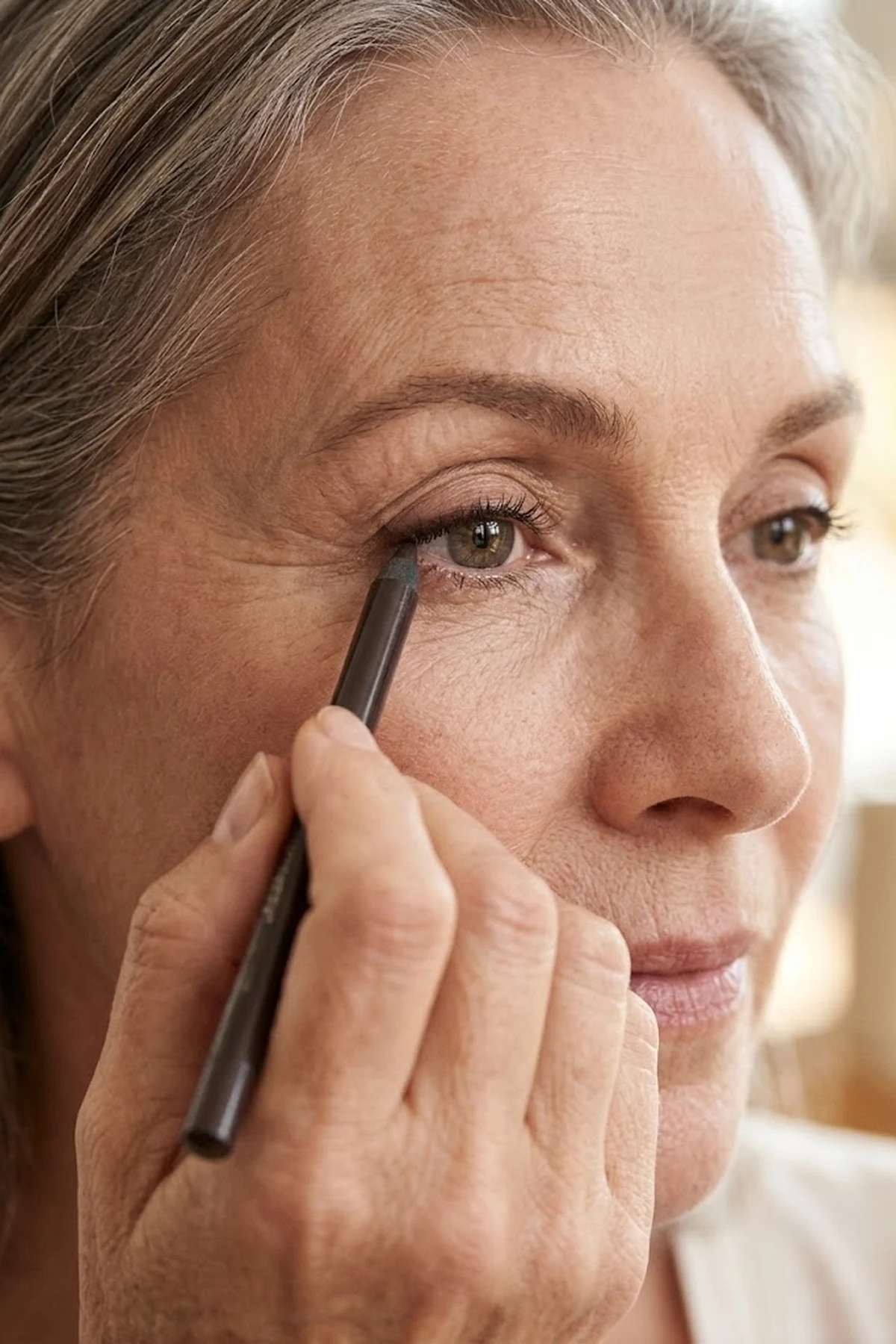 Macro beauty photo of a mature woman gently pressing a dark espresso gel eyeliner pencil between the roots of her upper lashes for invisible definition (AI Generated Image)