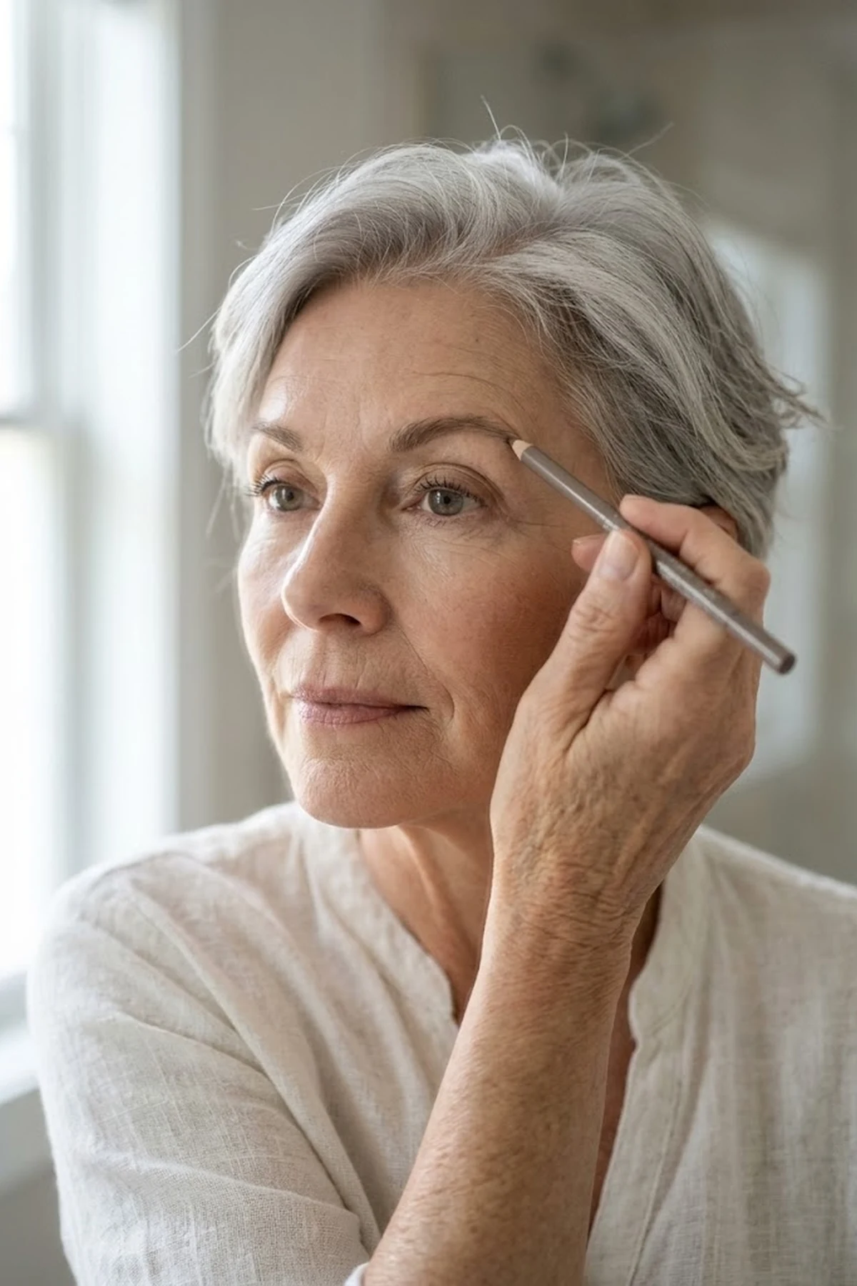 Close-up beauty portrait of a 62-year-old woman with chic silver hair filling in her upper brow arch with fine hair-like taupe pencil strokes (AI Generated Image)