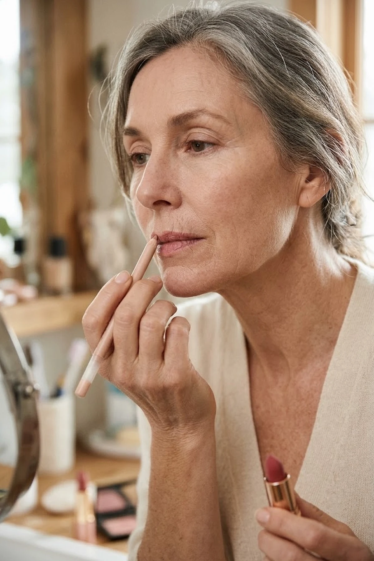 Close-up beauty shot of a mature woman tracing just outside her natural vermilion lip border with a translucent wax barrier pencil before applying rose lipstick (AI Generated Image)