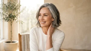 Editorial horizontal beauty portrait of a radiant woman over 50 with luminous satin skin, lifted cream blush on high cheekbones, and soft taupe eye makeup in warm golden daylight