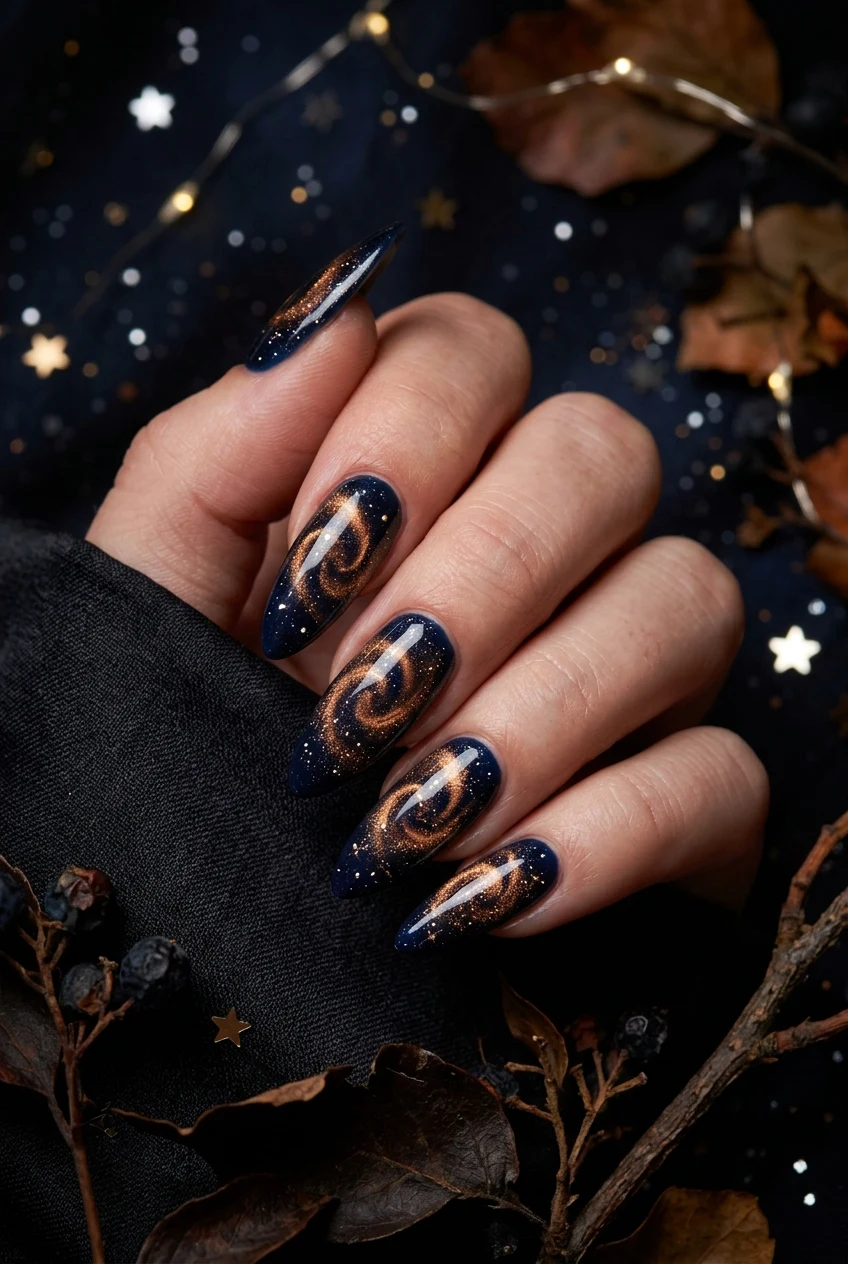 10. Midnight Navy and Bronze Celestial Cat Eye - fall cat eye nails (AI Generated Image)