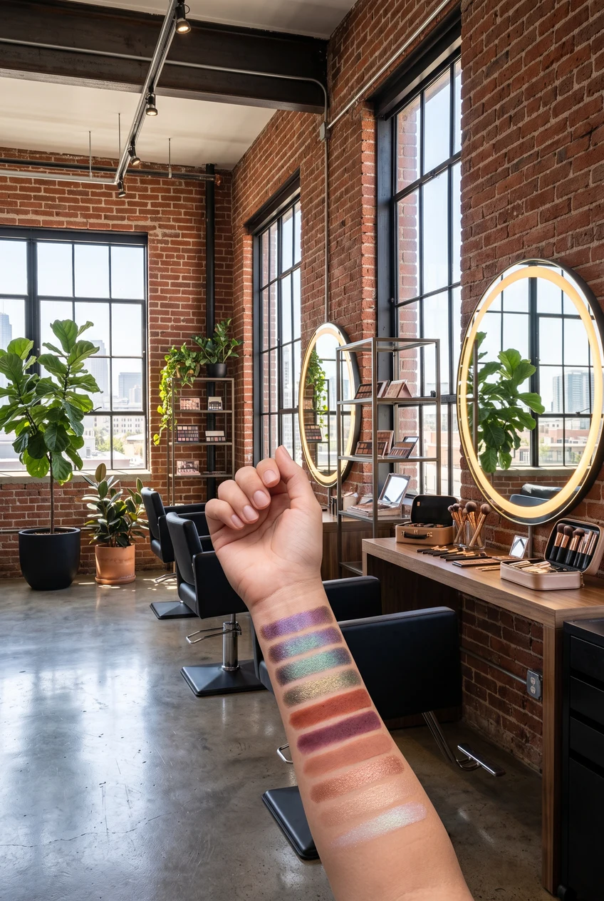 9. Modern Industrial Loft Studio with Exposed Brick & Plants - makeup artist aesthetic (AI Generated Image)