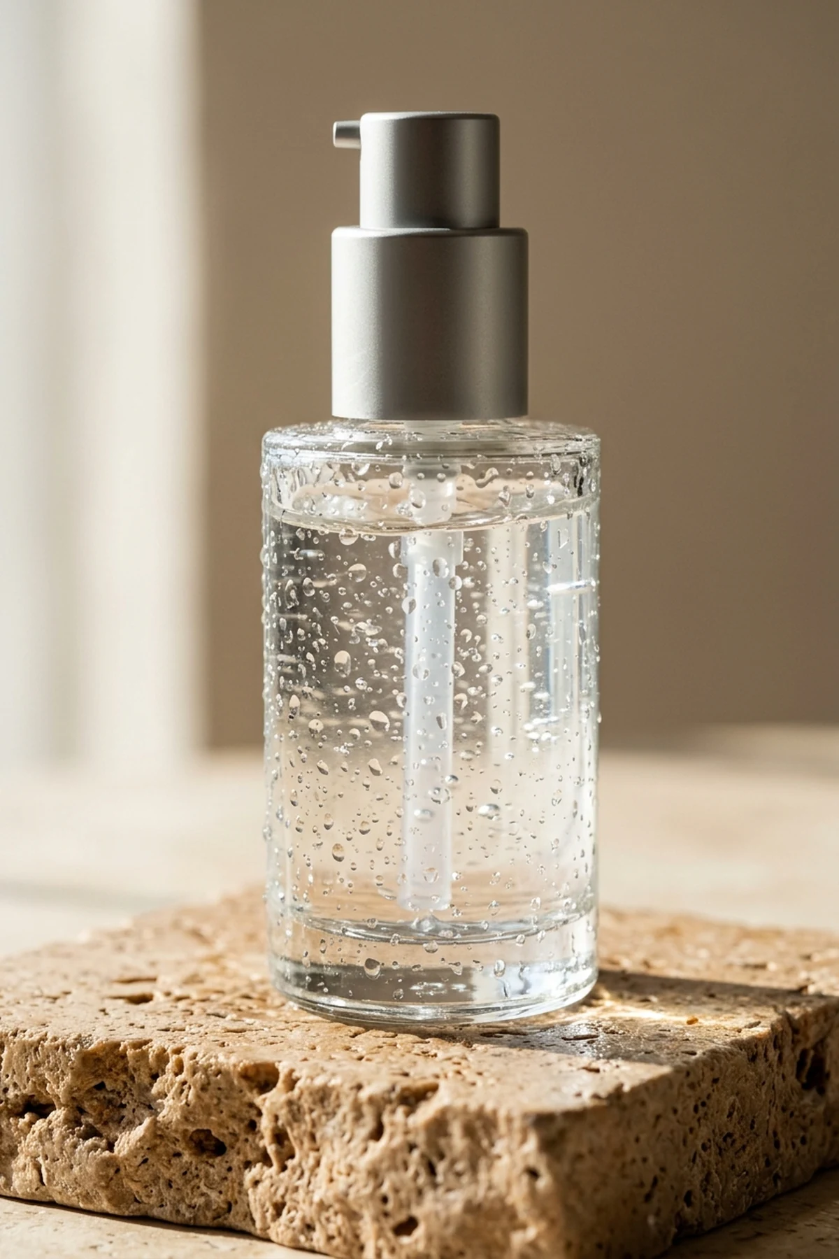 Close-up studio macro shot of a dewy hydro-grip gel makeup primer bottle on warm beige travertine with water droplets (AI Generated Image)